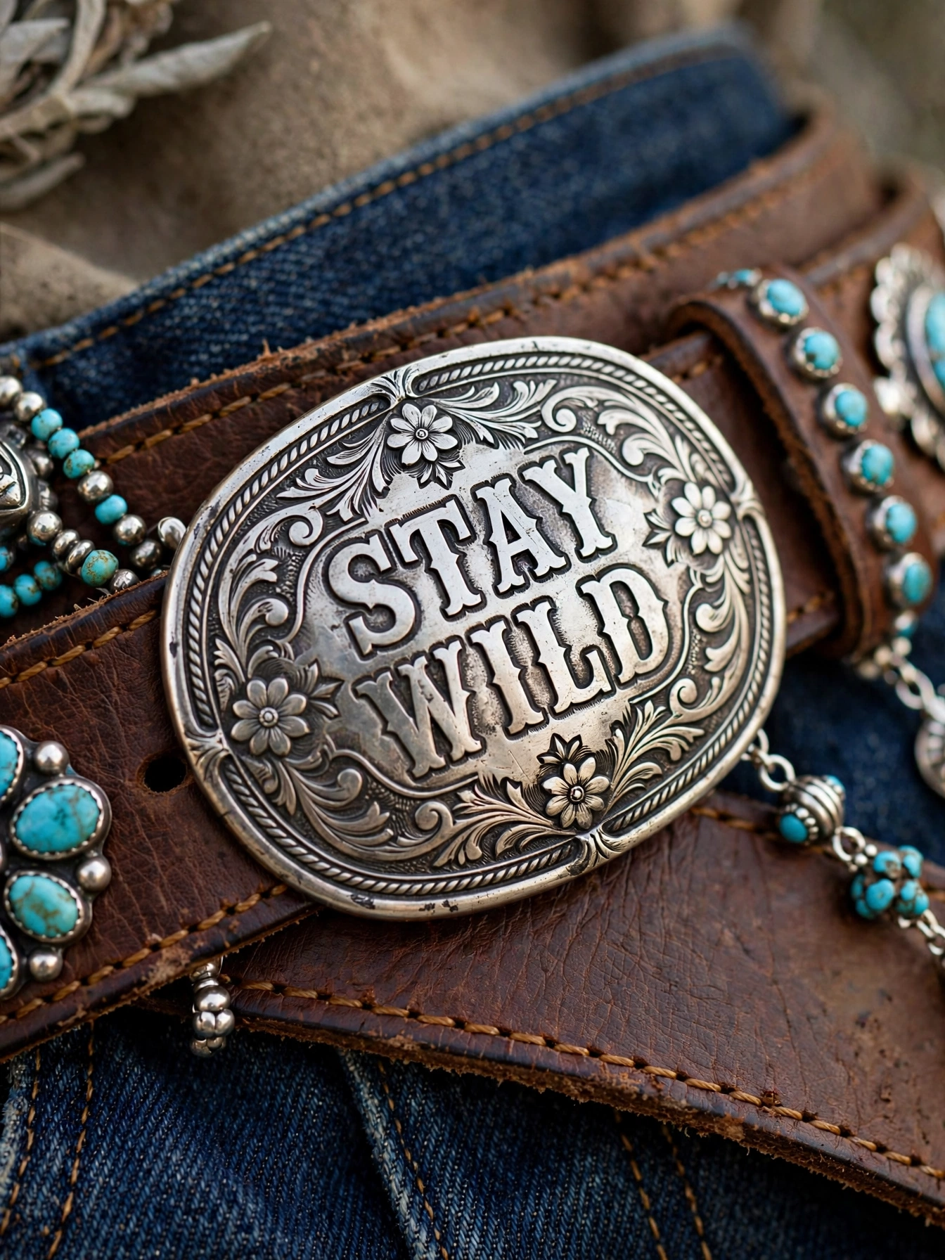 A leather belt with a statement buckle. The buckle is jewelry in western wear — go bold, go engraved, go big.