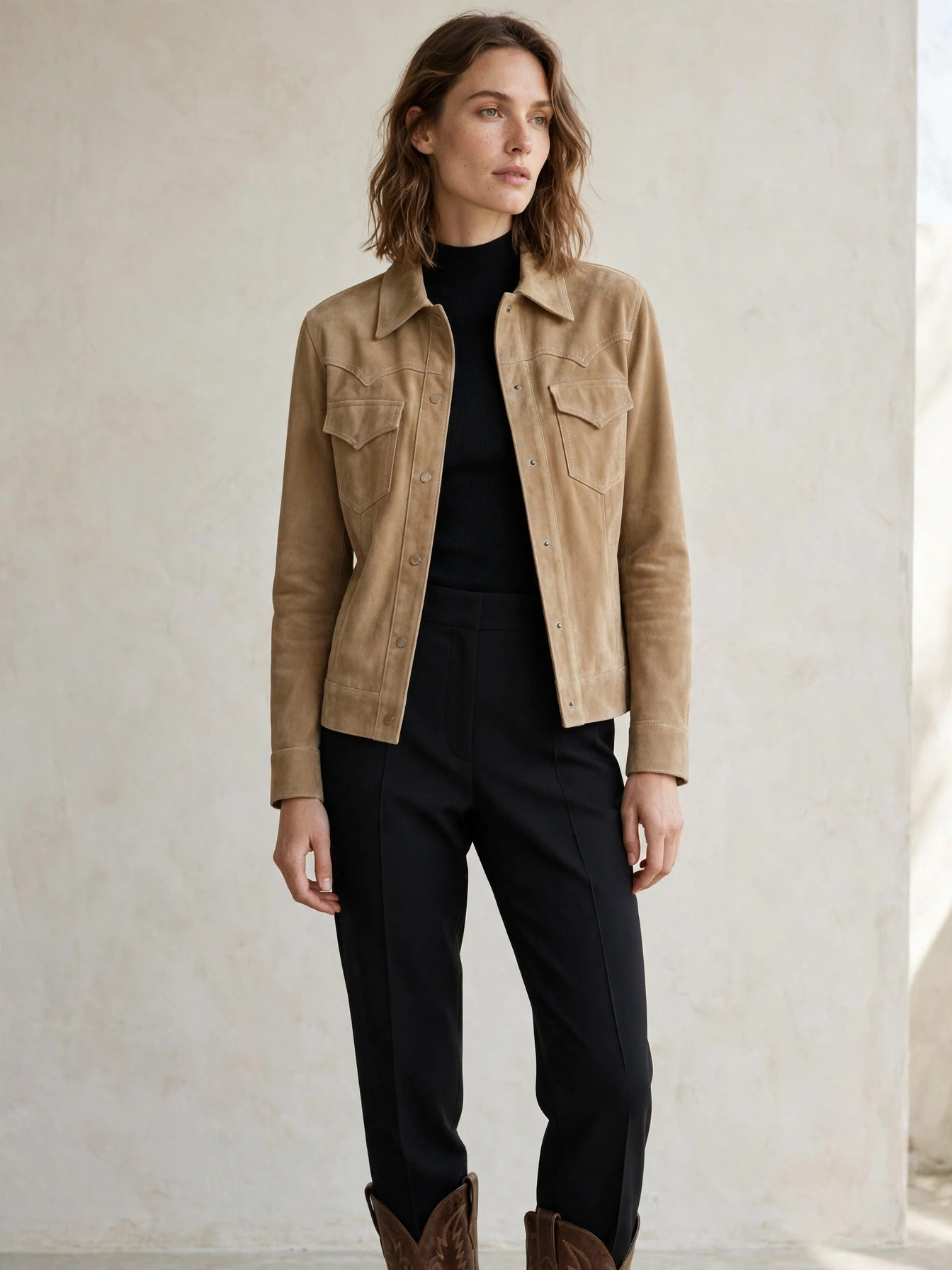 One hero piece at a time. Boots plus a fringe jacket plus a cowboy hat is a lot. Pick one or two western signatures and keep the rest of the outfit simple.