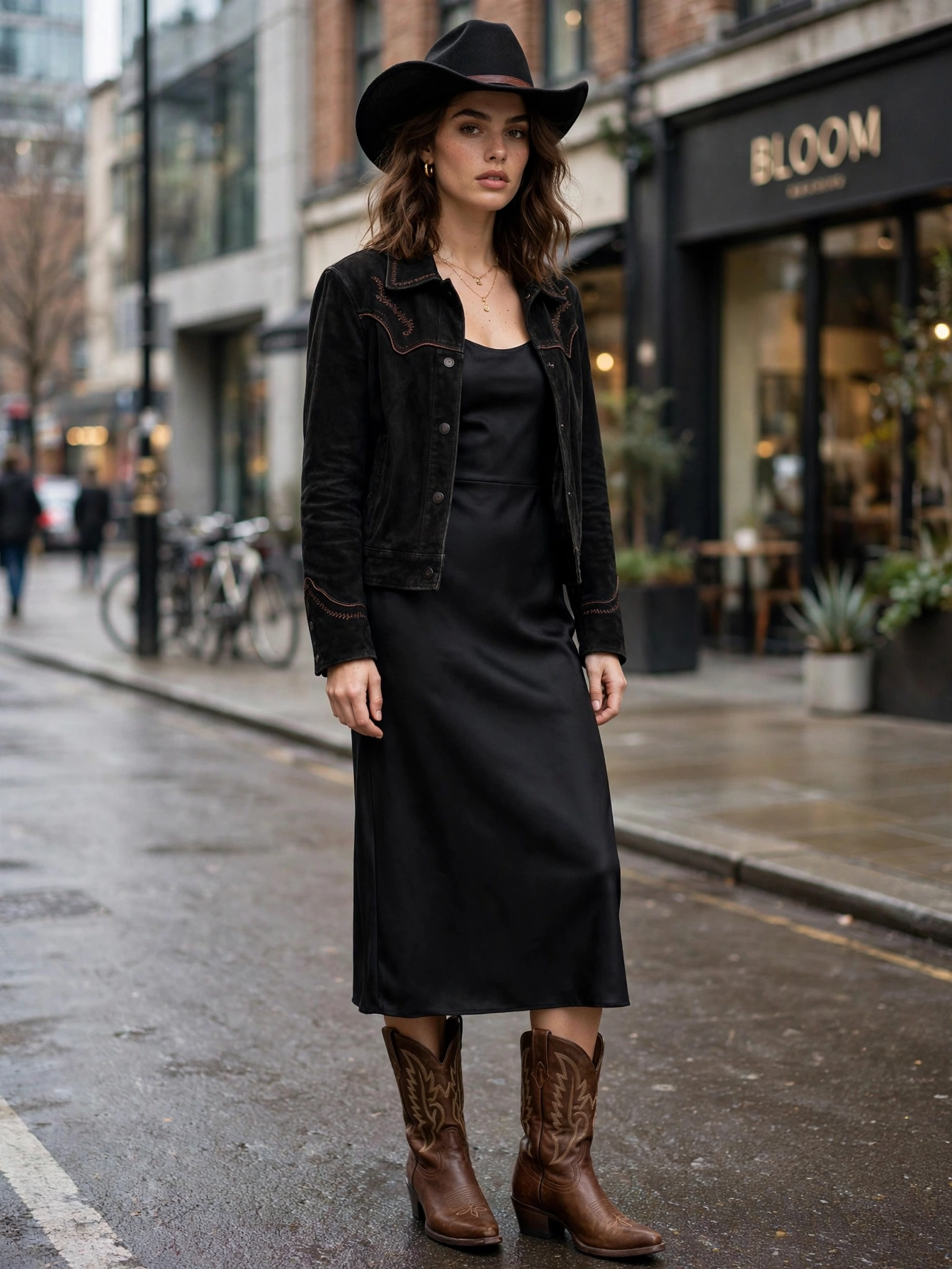 Mix western with modern. Cowboy boots with a sleek midi dress. A fringe jacket over an all-black outfit. A western belt with tailored trousers. The contrast is what makes it chic.