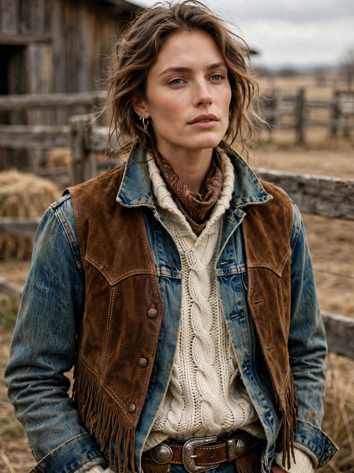Layer textures. Denim, suede, leather, and knit together create the rich, lived-in feel that defines ranch style.