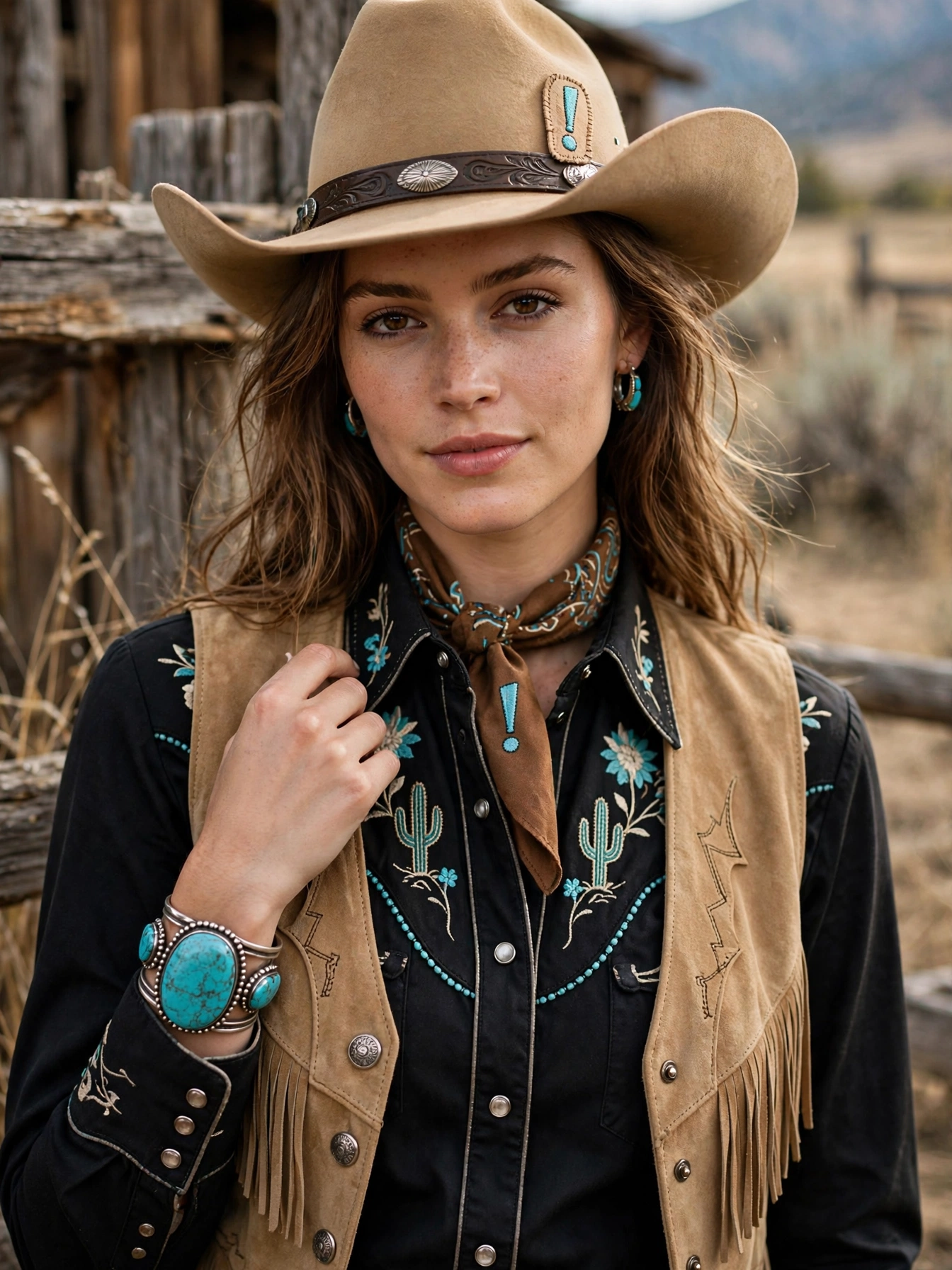 Finish with turquoise. A cuff bracelet or pendant necklace in turquoise and silver is the classic western exclamation point.
