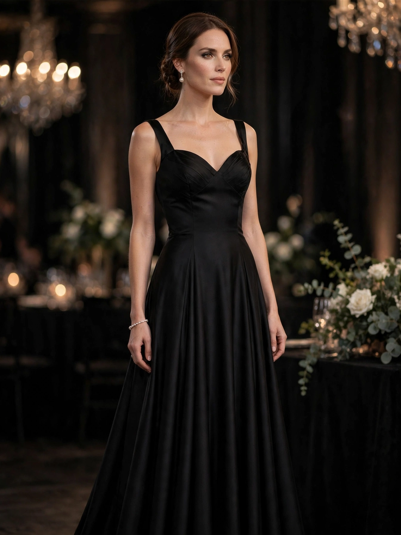The evening gown. The queen of formal wear: floor-length, elegant, and reserved for the dressiest occasions — galas, black-tie weddings, and charity balls. Choose a classic silhouette in black, navy, or jewel tones rather than chasing trends; a simple, well-fitted gown outshines a fussy trendy one every time. One great gown is enough — rewear it proudly with different accessories.
