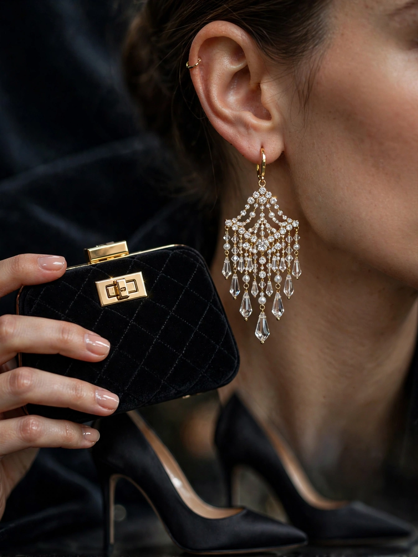 Let accessories do the talking. Formal looks live or die on the details: a small clutch (never a bulky day bag), refined heels or elegant flats, and jewelry that complements rather than competes. One statement piece — chandelier earrings, a cuff bracelet — plus quiet everything else is the formula that never fails.