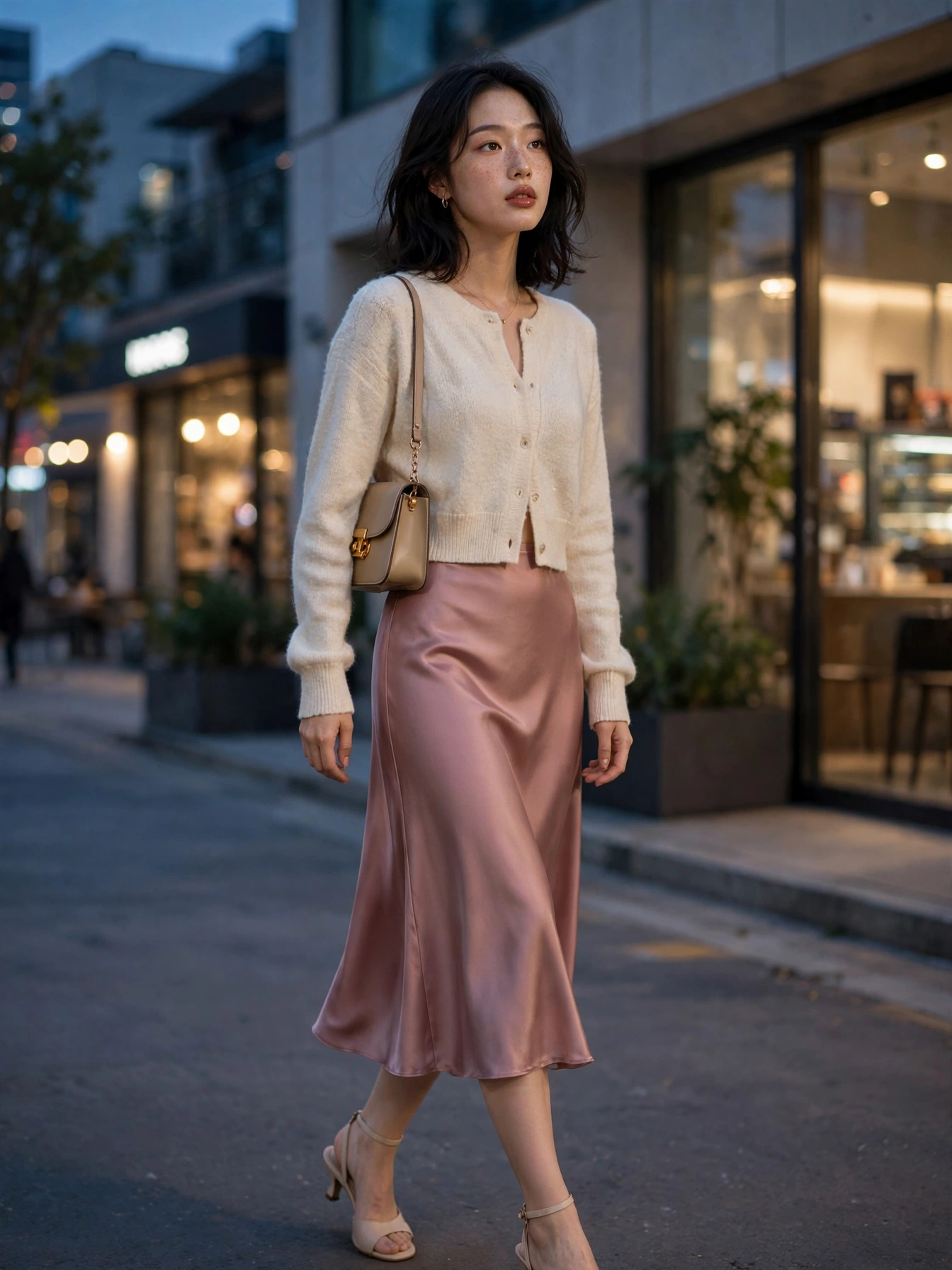 Evening out: satin slip skirt + cropped cardigan + small heels. Soft, feminine, and modern.