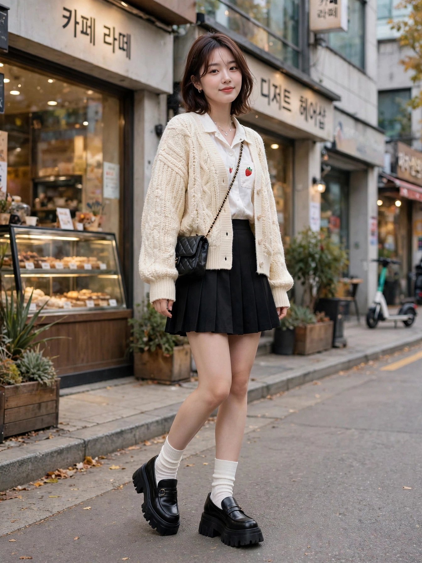 Chunky loafers or sneakers — footwear is key: platform loafers, clean white sneakers, or Mary Janes.