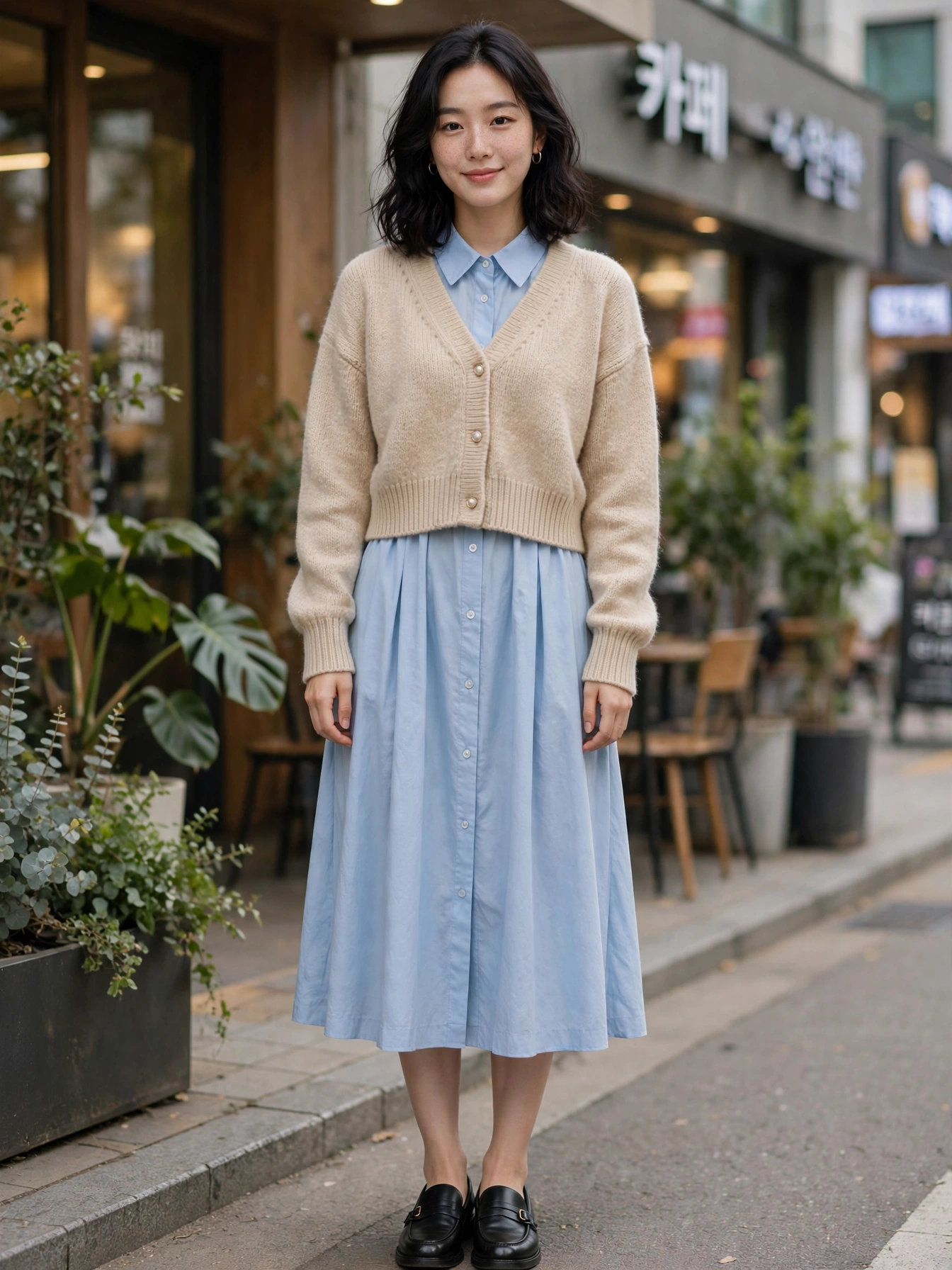 College or office: cropped cardigan over a collared dress + loafers. Polished, modest, and comfortable all day.