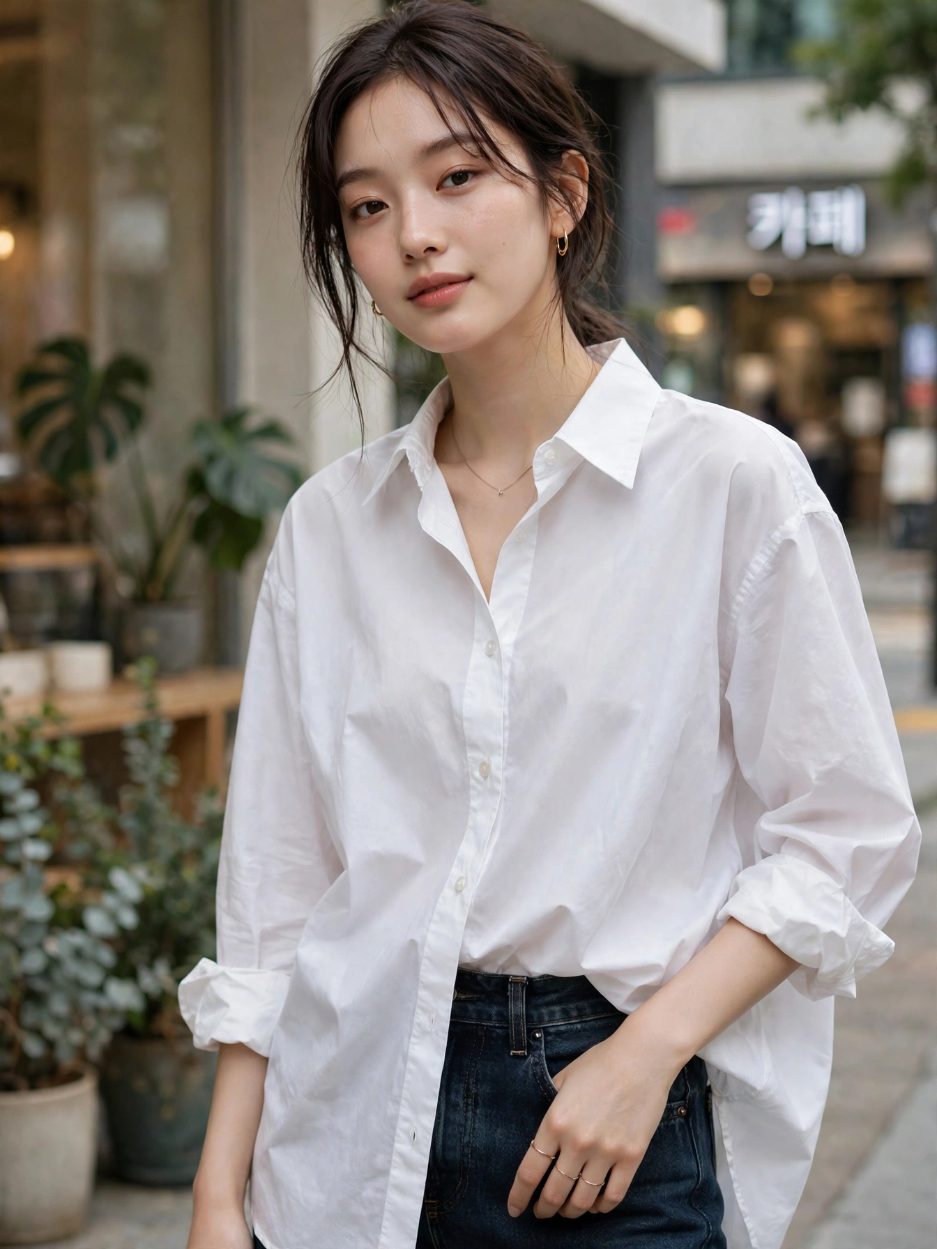 Oversized button-down shirt — crisp white or striped, worn loose or half-tucked. The ultimate layering piece.