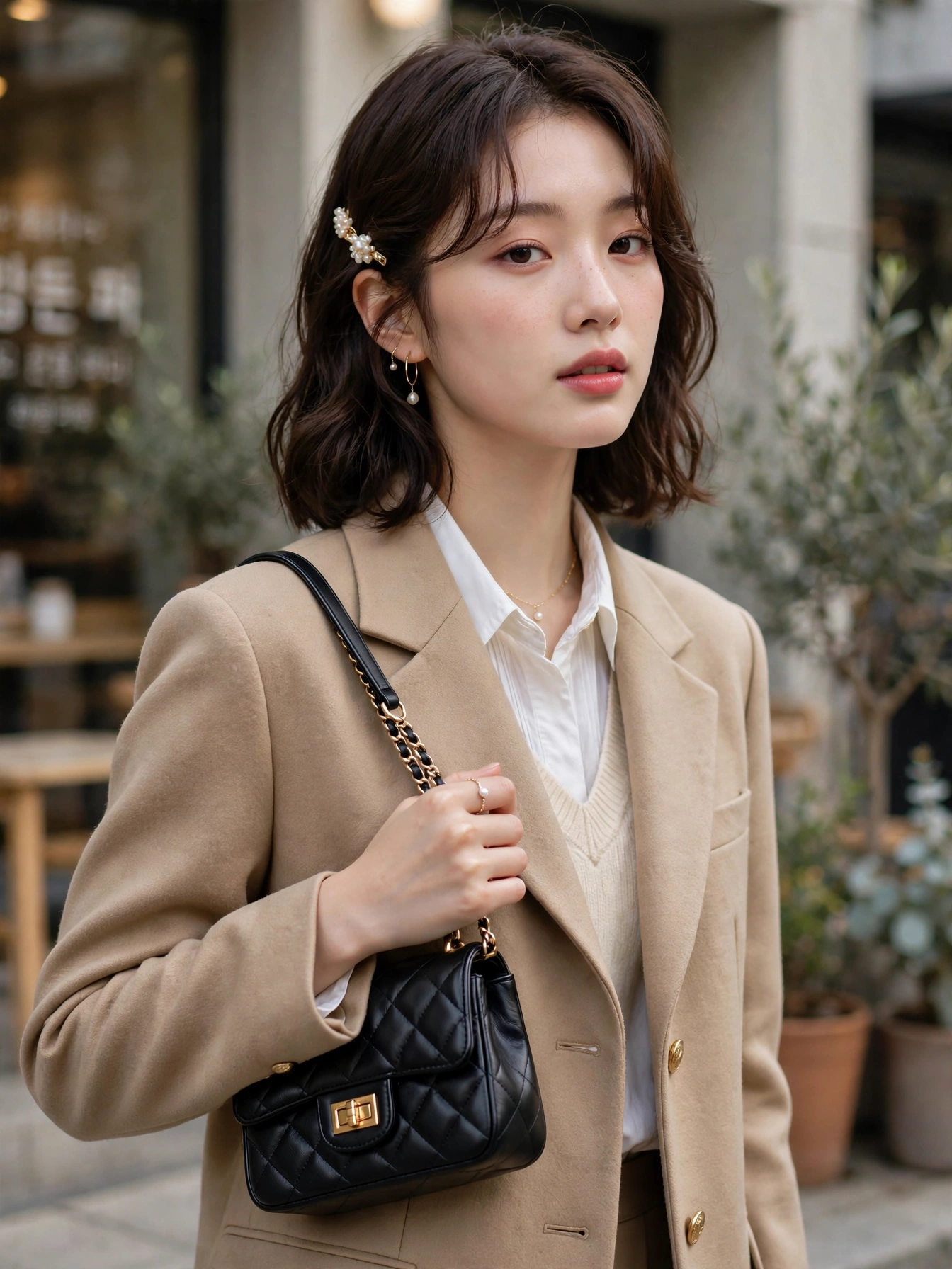 Small structured bag — mini shoulder bags or boxy handbags complete the silhouette.