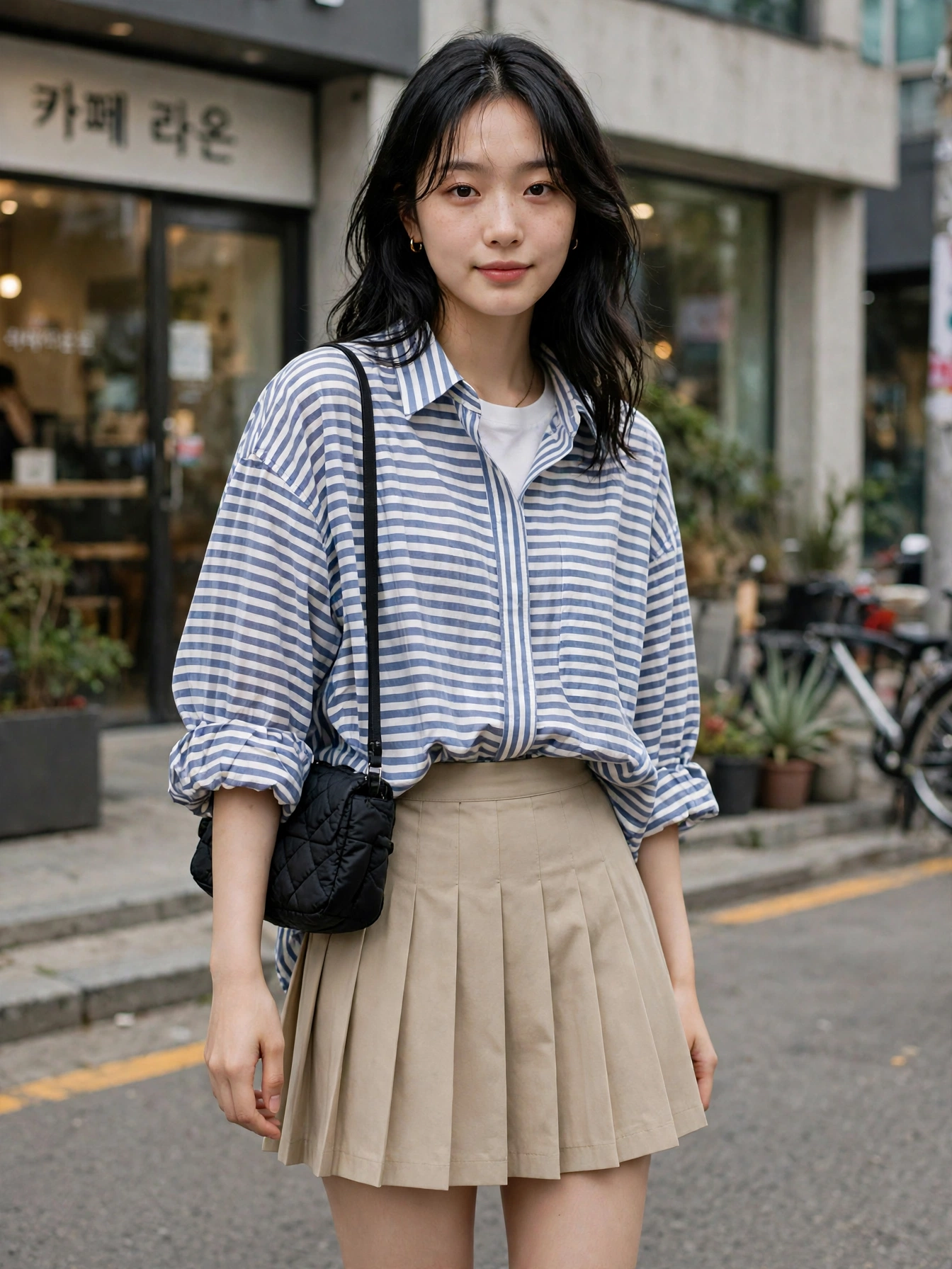 Everyday casual: oversized striped shirt + pleated mini skirt + white sneakers. Add a mini shoulder bag and you’re done.