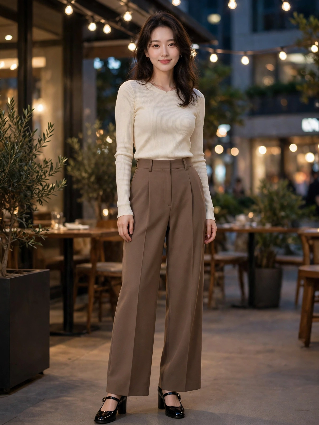 Date night: fitted knit top + high-waisted wide-leg trousers + heeled Mary Janes. Sweet with a sophisticated edge.
