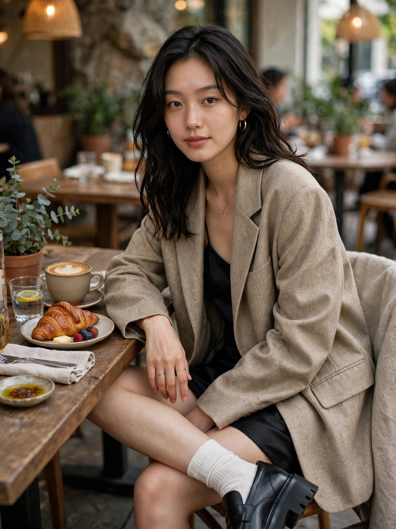 Weekend brunch: oversized blazer + mini dress + chunky loafers. Effortlessly chic.