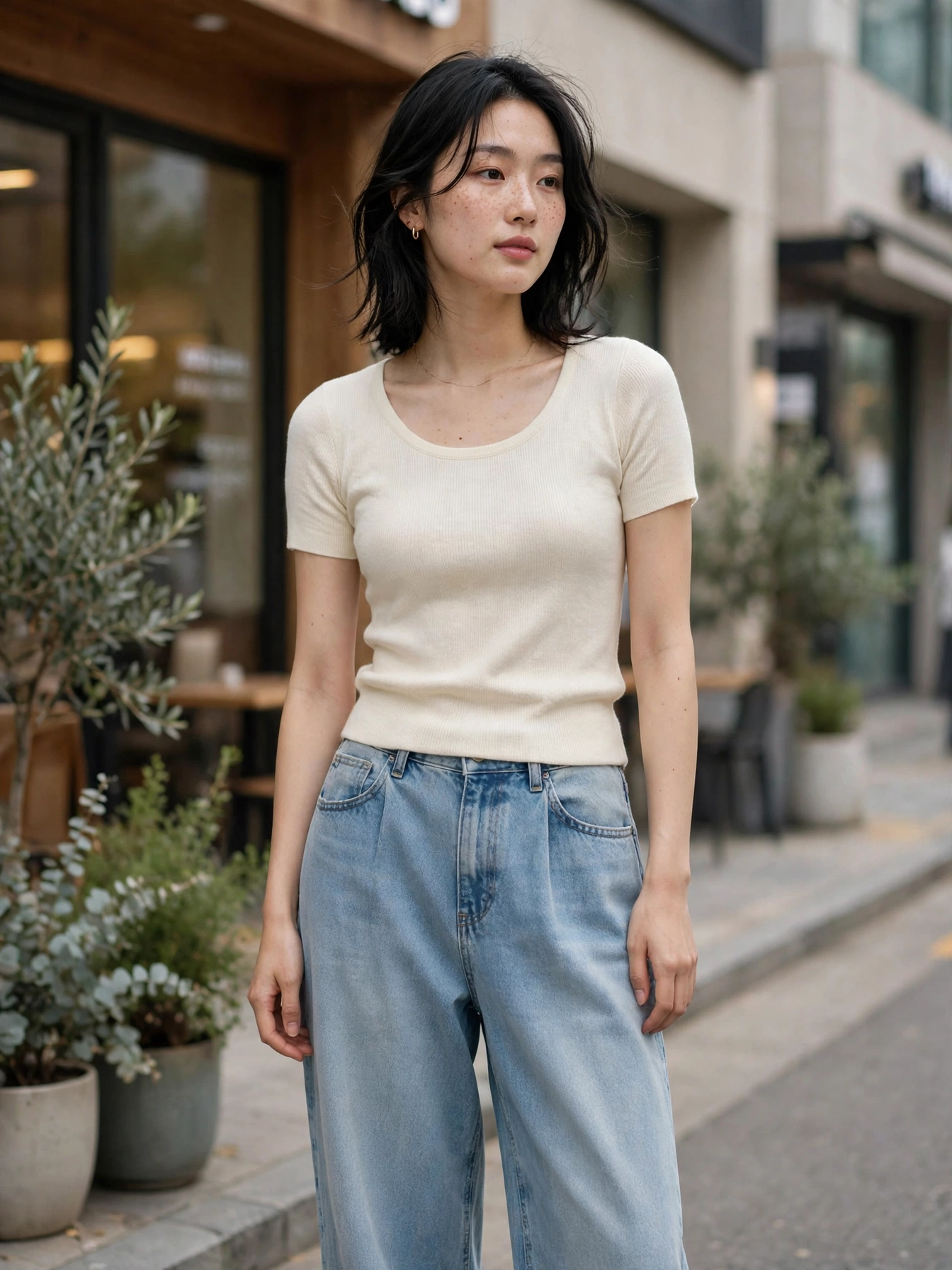 Wide-leg jeans or trousers — relaxed fits in light or medium wash. Comfort meets cool.