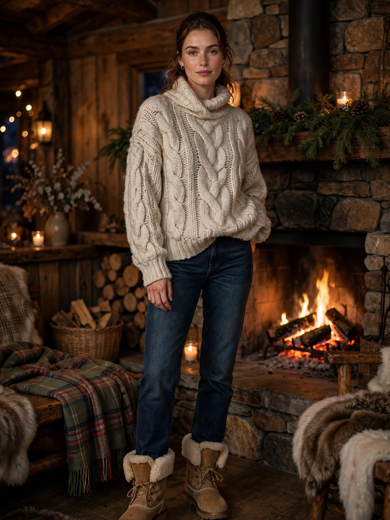 The lodge look. A chunky knit sweater with dark jeans and shearling-lined boots is the perfect uniform for dinner at the Inn or drinks by the fireplace. Add simple gold hoops and you look polished without trying.