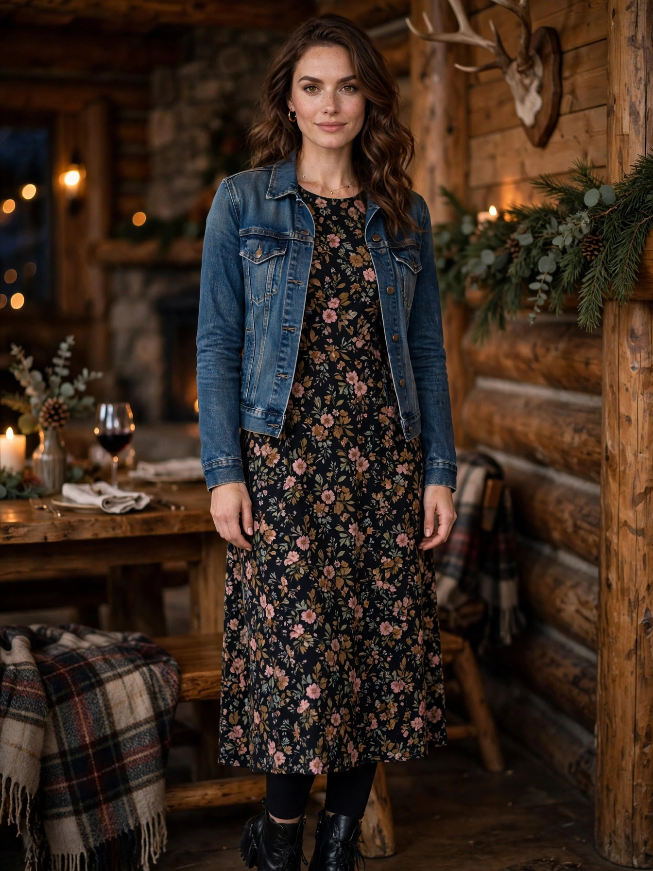 The versatile dress. A long-sleeve midi dress in a dark floral or jewel tone, worn with leggings and ankle boots, dresses up enough for the Inn's dining room. Top with a denim jacket.