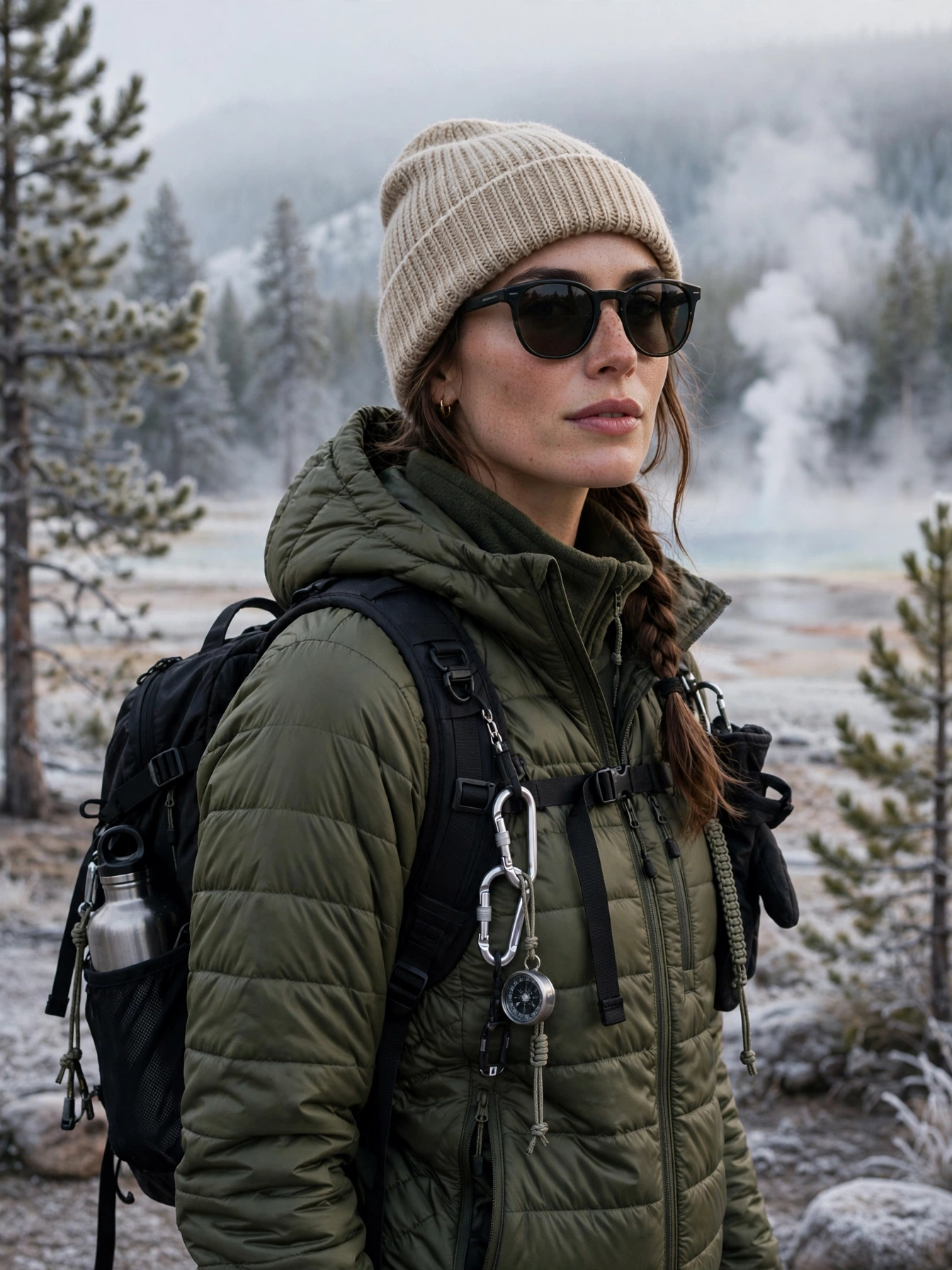 Trail accessories. A warm beanie for frosty mornings, sunglasses for the glare off the hot springs, and a small daypack for water, snacks, and that shed mid-layer. A buff or neck gaiter handles wind and dust in one tiny package.