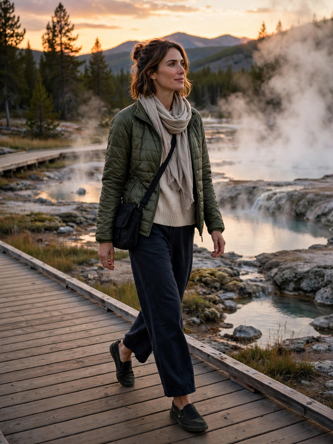 Hot springs boardwalk kit. For evening strolls around the geyser basins, you'll want easy layers and comfortable slip-on shoes for the boardwalks — plus that warm layer for when the steam and the sunset chill hit at once.