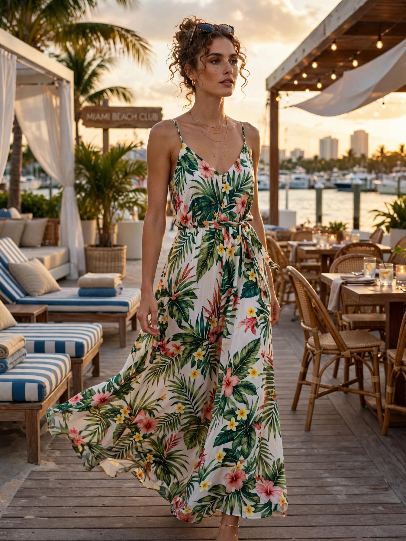The flowy maxi dress. For beach clubs with a dress code, a breezy maxi in a tropical print takes you from your lounger to a waterfront table without a costume change.
