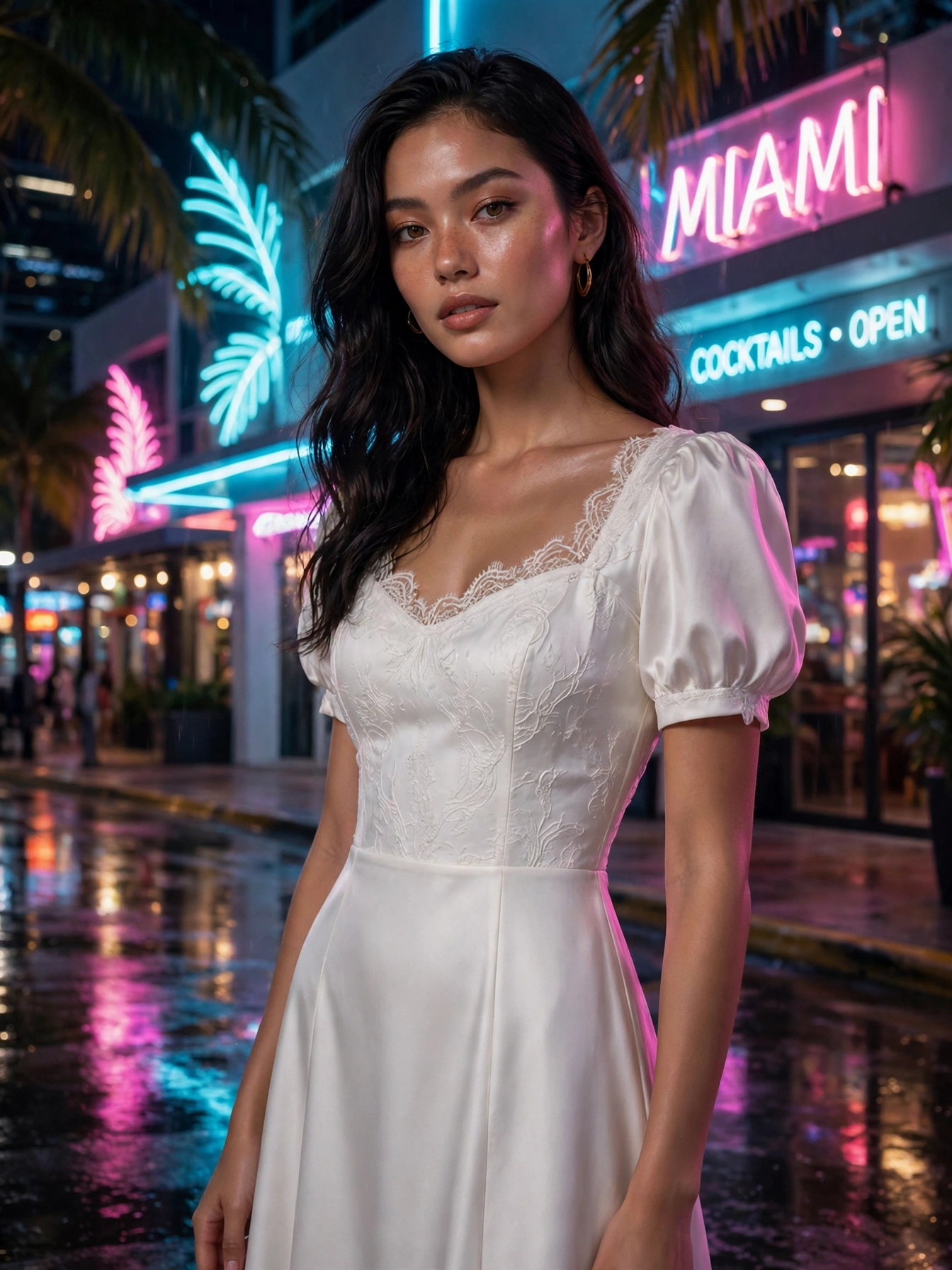 White-on-white evening look. An all-white outfit — white dress or white top with white trousers — glows under Miami's neon lights and looks stunning in nighttime photos.