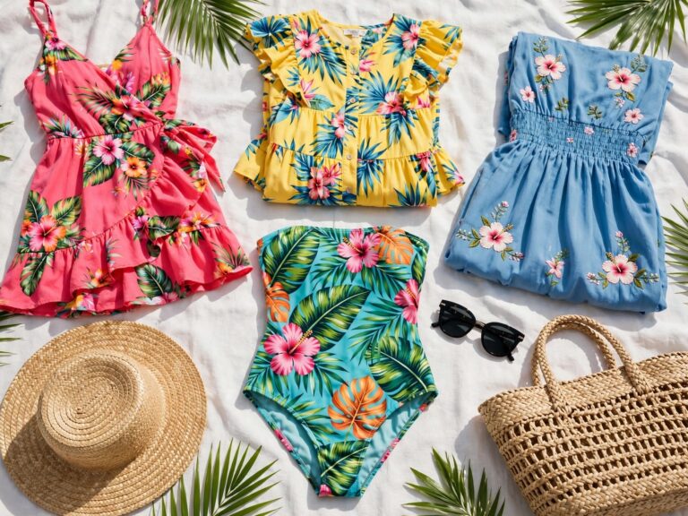 Miami vacation outfits flat-lay with vibrant summer dresses, swimsuit and beach accessories