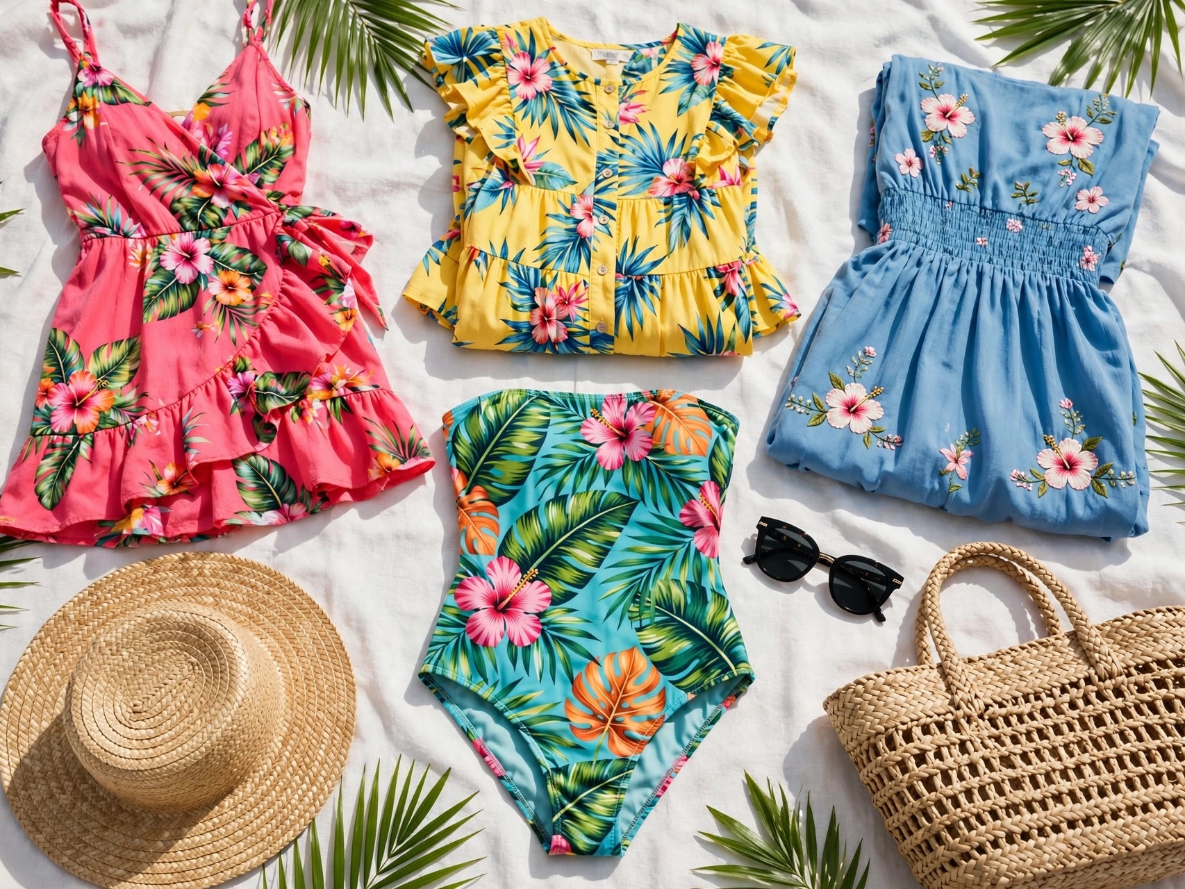 Miami vacation outfits flat-lay with vibrant summer dresses, swimsuit and beach accessories