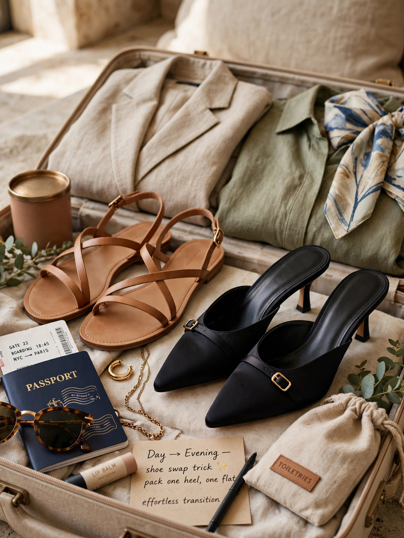 Must Try Vacation Outfits Every Woman Needs Swap flat sandals for one pair of heeled mules or wedges.