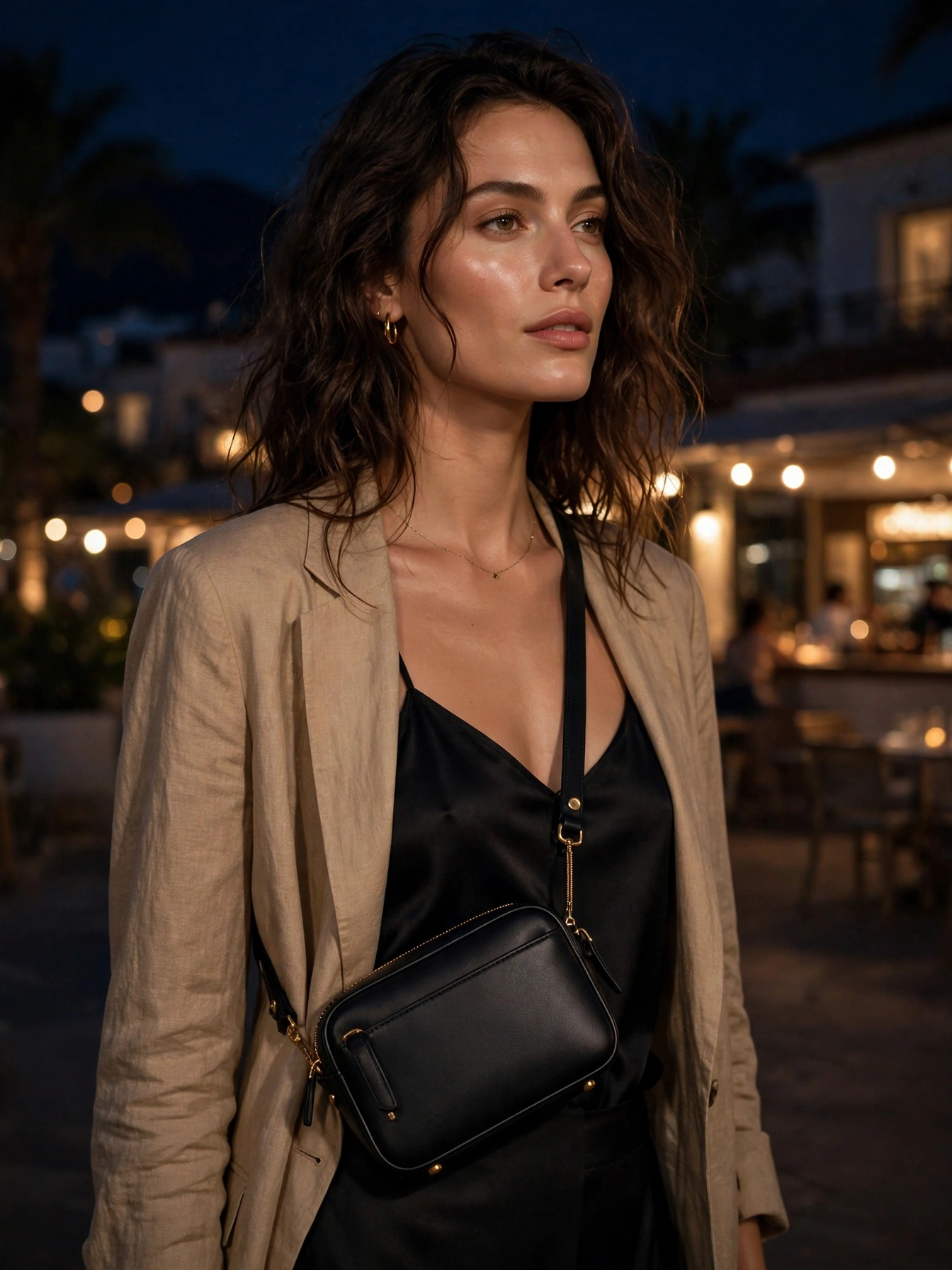 Must Try Vacation Outfits Every Woman Needs A small crossbody bag keeps your silhouette sleek after dark.