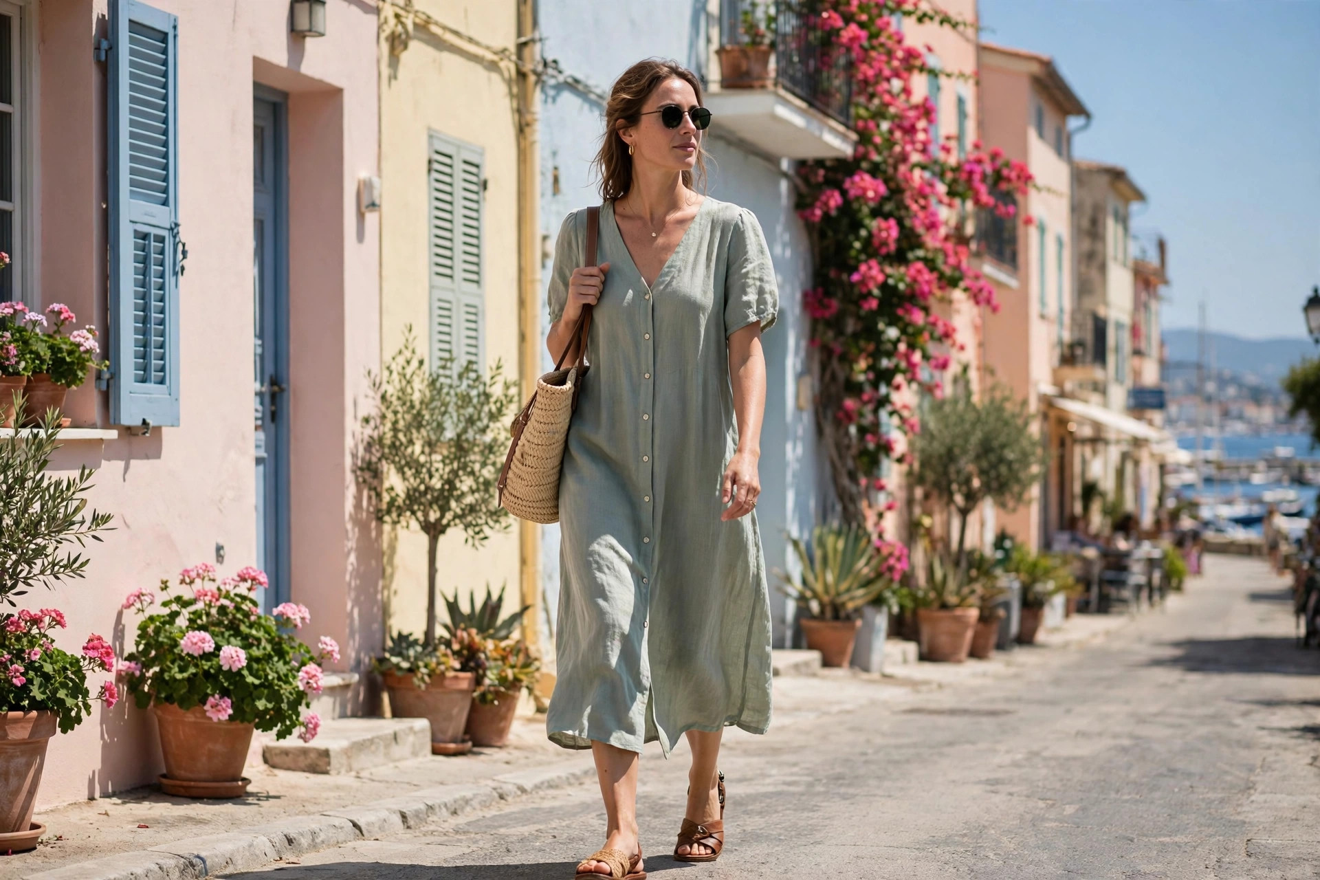 Must Try Vacation Outfits Every Woman Needs Woman in a breezy daytime vacation outfit walking along a sunny coastal street