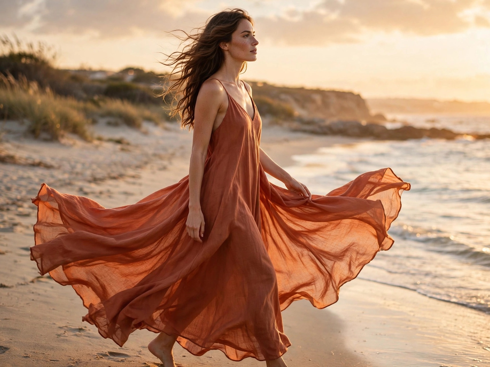 Must Try Vacation Outfits Every Woman Needs Woman wearing a flowy terracotta maxi dress on the beach at golden hour, must-try vacation outfit for women