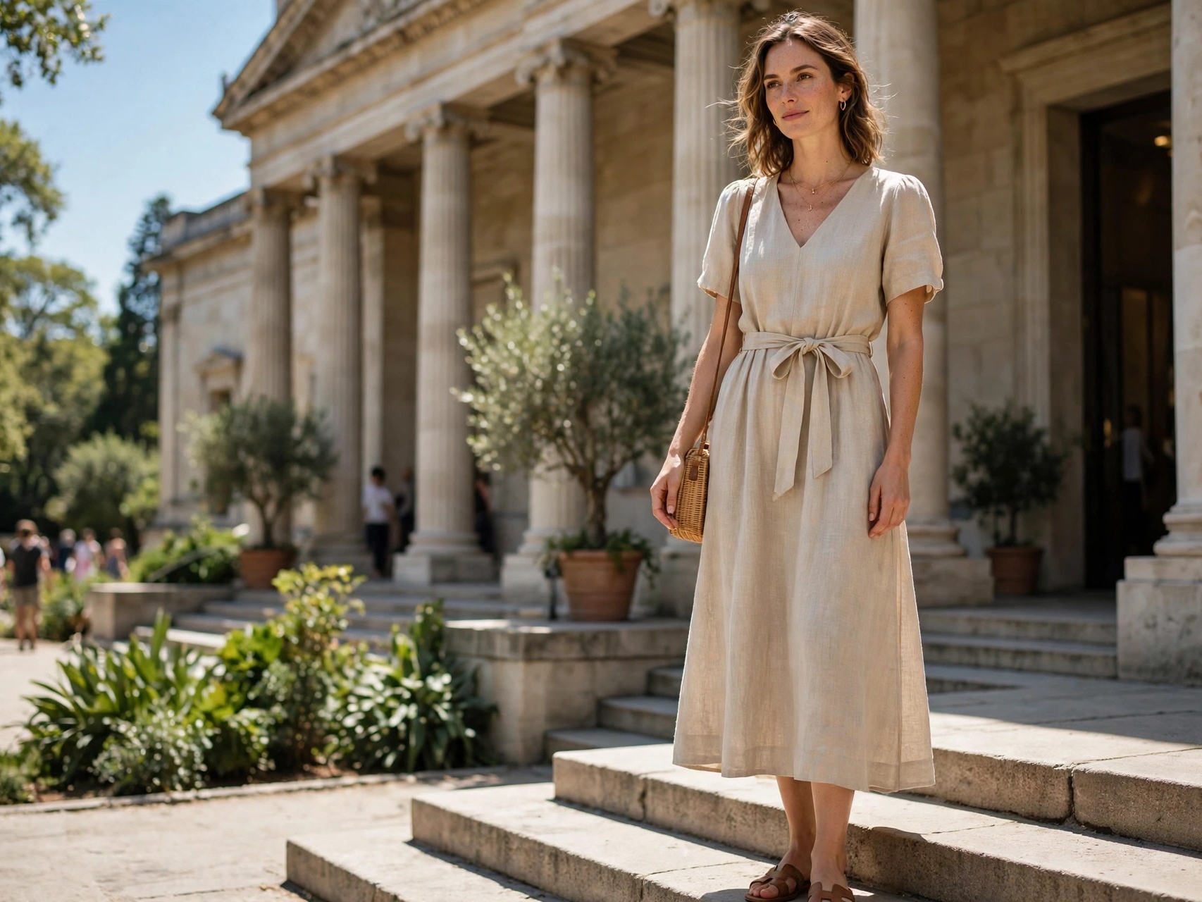 Must Try Vacation Outfits Every Woman Needs Woman in a natural beige linen midi dress with a tie waist at a museum entrance on a sunny summer day — must-try vacation outfit for women