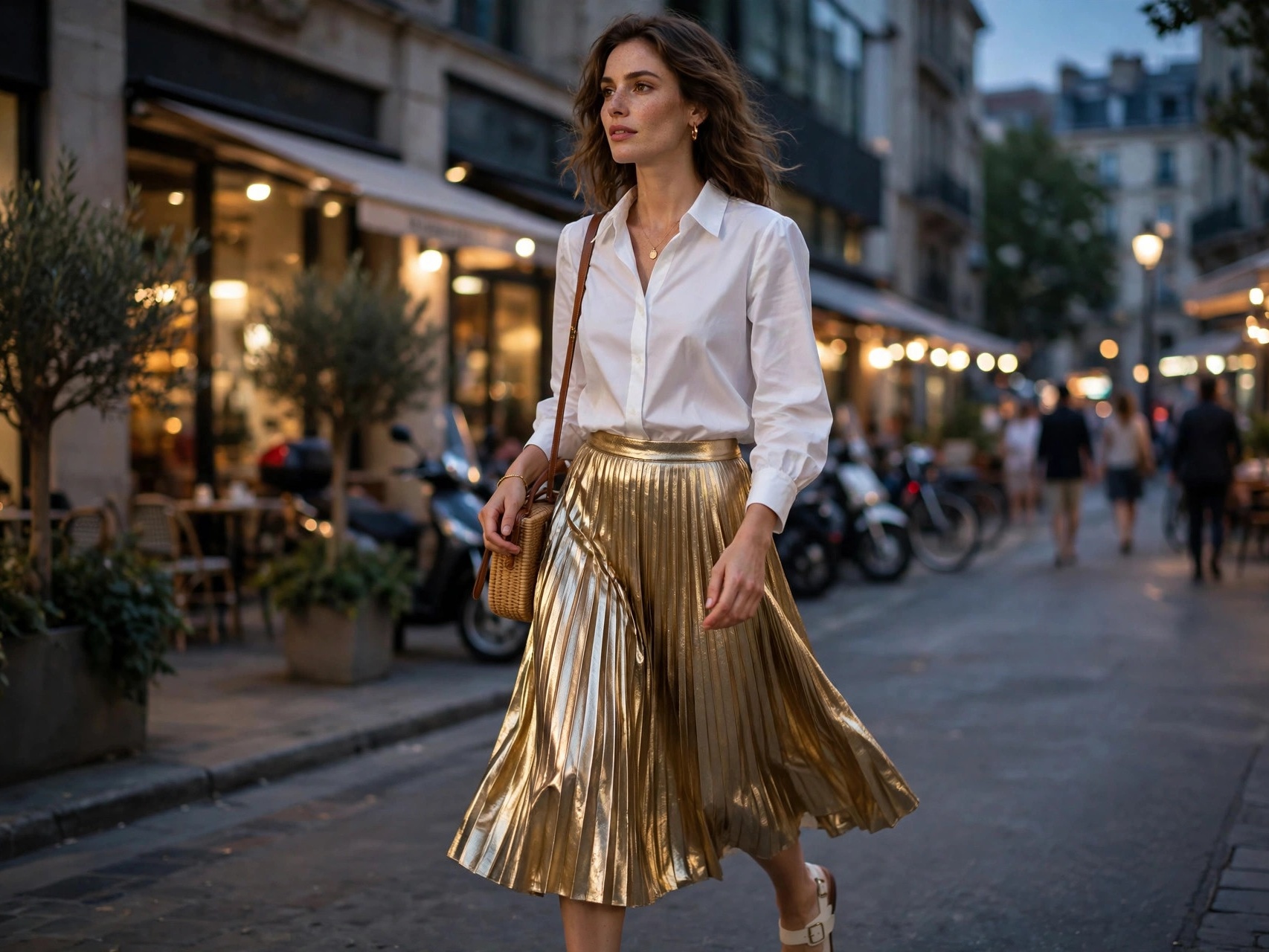 Must Try Vacation Outfits Every Woman Needs Woman wearing a pleated metallic gold midi statement skirt with a crisp white blouse on an evening city street — a must-try vacation outfit for women