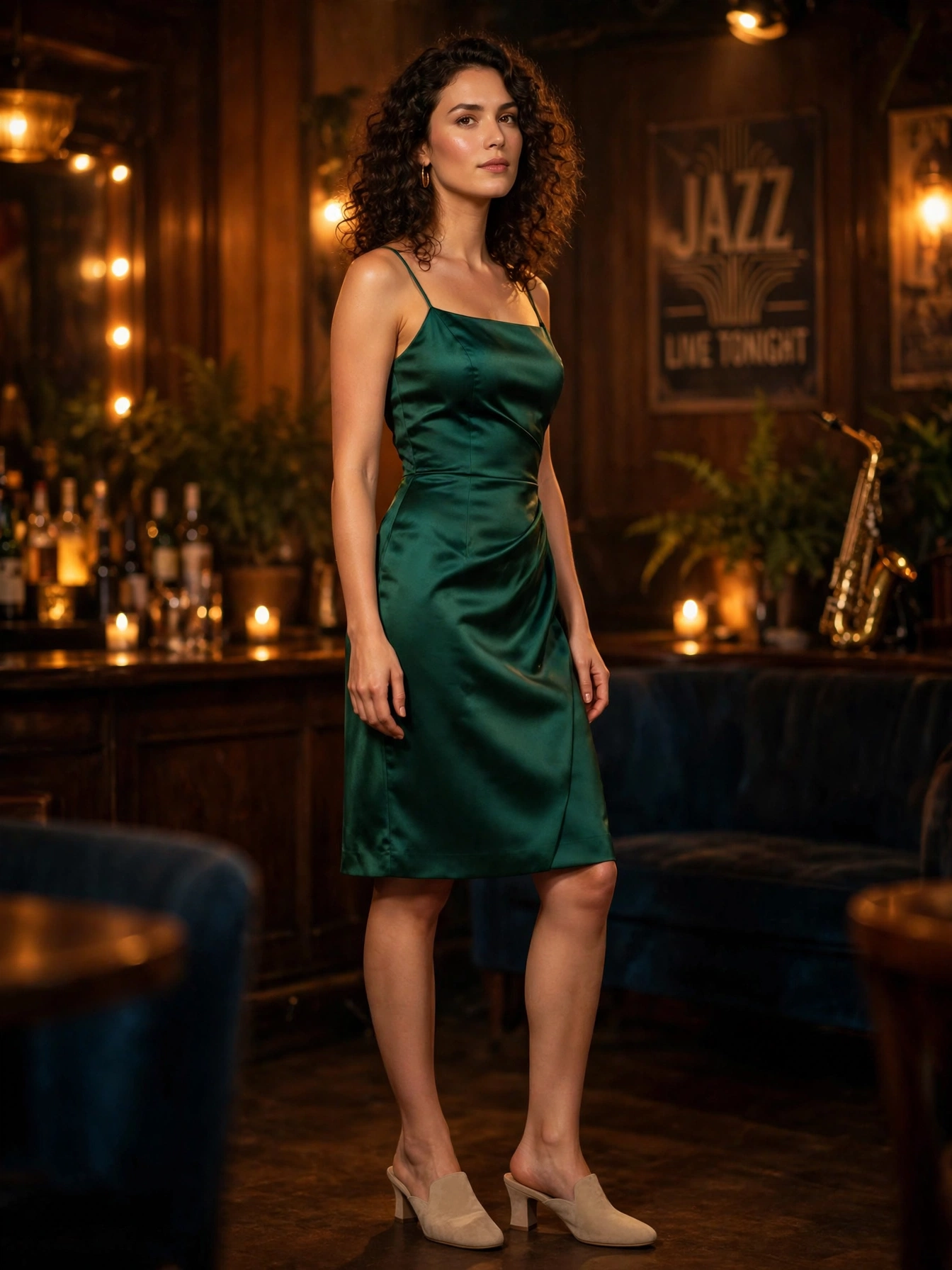 The jazz club dress. A cocktail dress in emerald, ruby, or classic black with comfortable heeled mules is perfect for Preservation Hall or a Frenchmen Street club. You'll be sitting, swaying, and maybe dancing — choose something that moves with you.