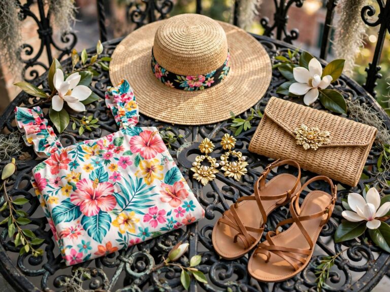 New Orleans vacation outfits flat lay with floral sundress, sandals, gold earrings, clutch and sun hat