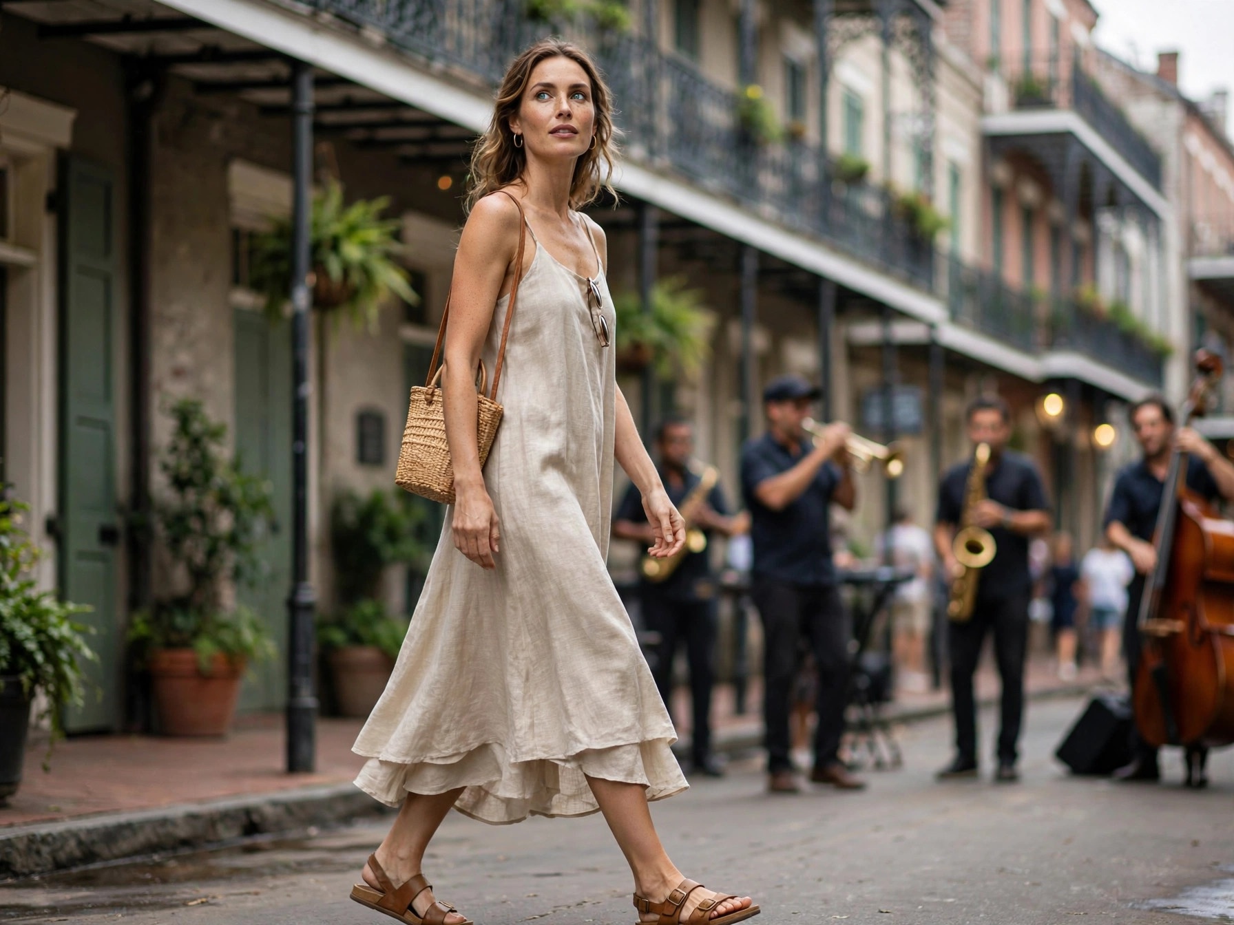 Woman in linen midi dress exploring the French Quarter, daytime new orleans vacation outfit