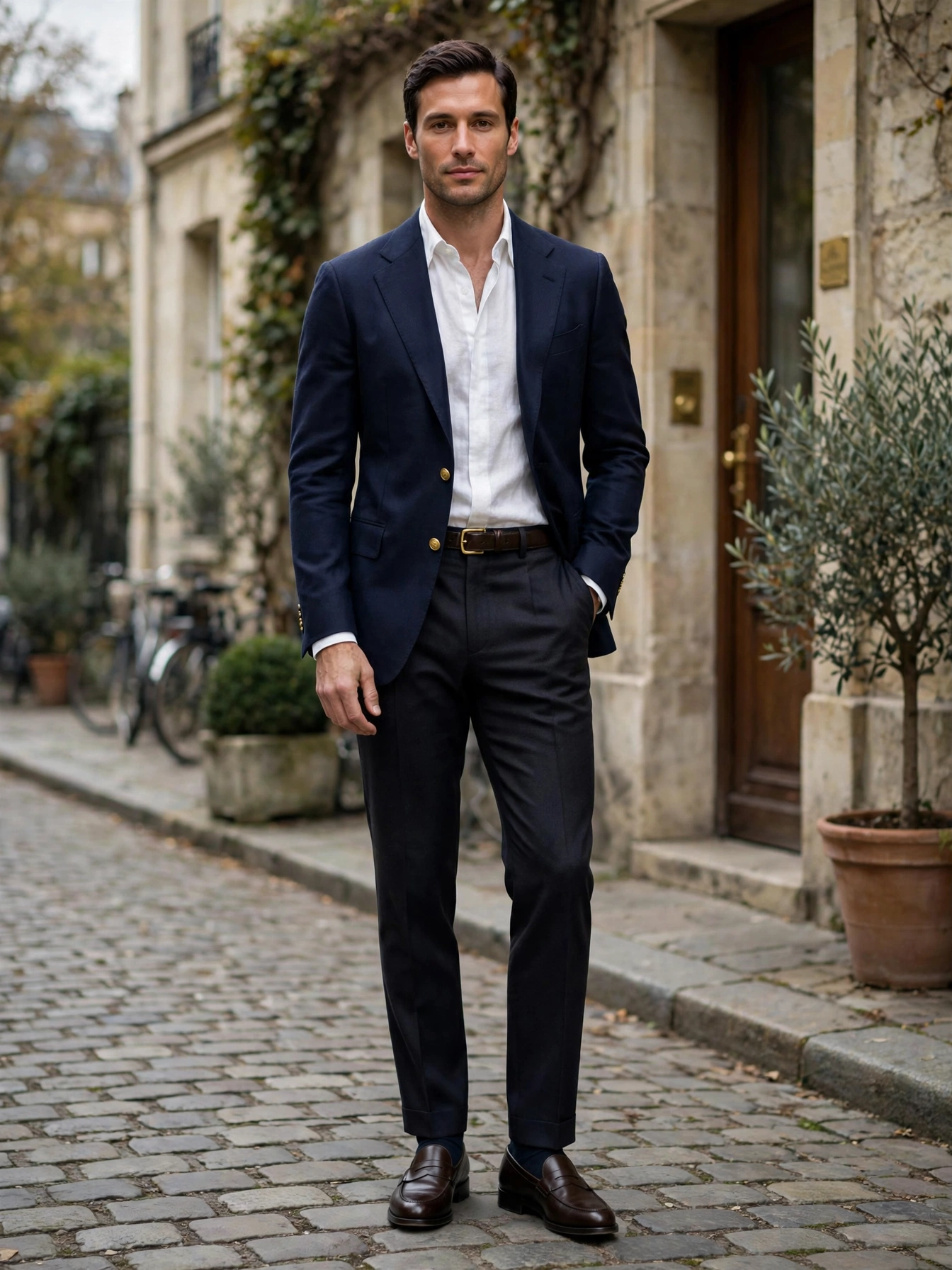A tailored blazer in navy, camel, or charcoal — the single hardest-working piece you can own. It sharpens jeans, dresses, and trousers alike.