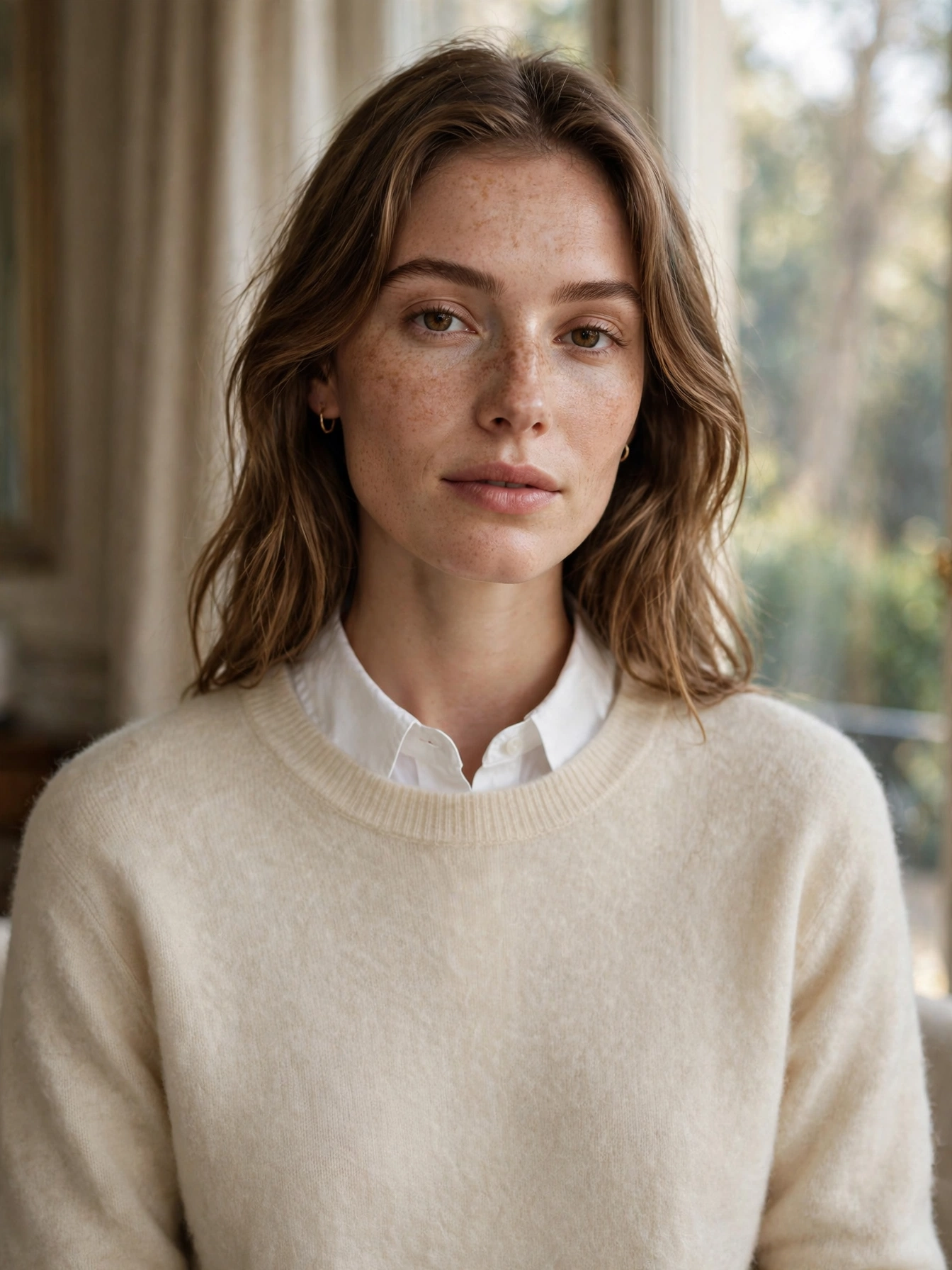 Cashmere crewneck sweaters in cream, grey, camel, and navy. They layer over everything and never look dated.
