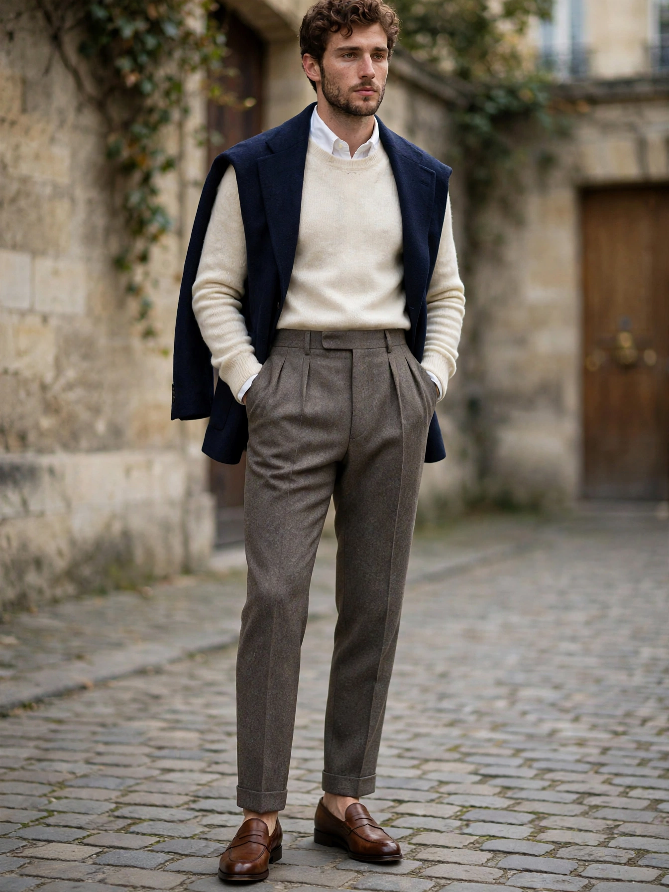 Well-cut trousers — pleated and high-waisted, in wool or cotton twill. Hemmed to kiss the top of your shoe.