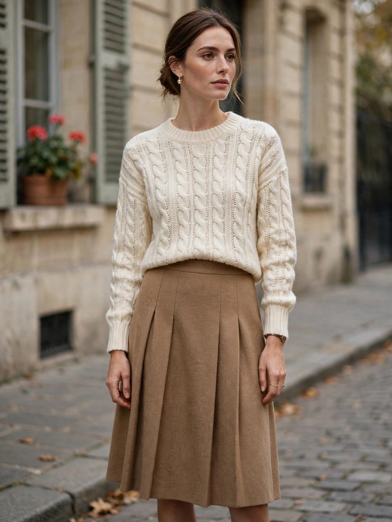 A knee-length A-line or pleated skirt in wool or a quality blend, endlessly pairable with knits and blouses.