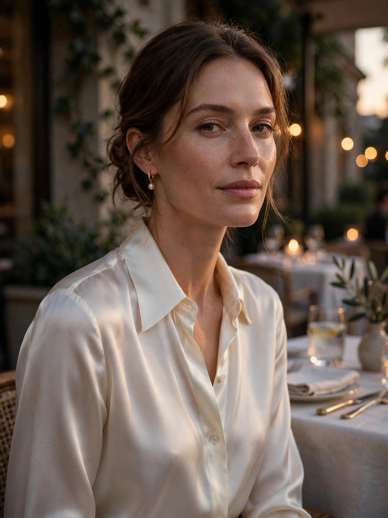 A simple silk blouse in ivory or champagne for dinners and evenings out.