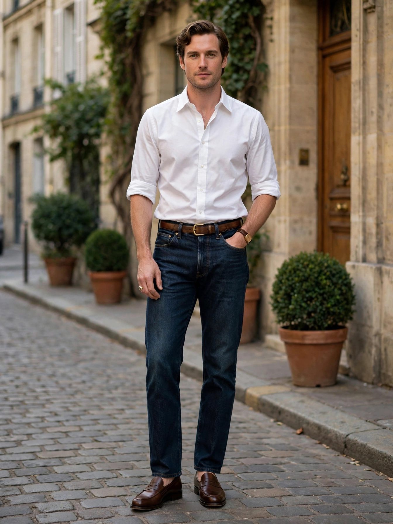 Dark-wash straight-leg jeans with no distressing, no fading, no embellishment — ever.