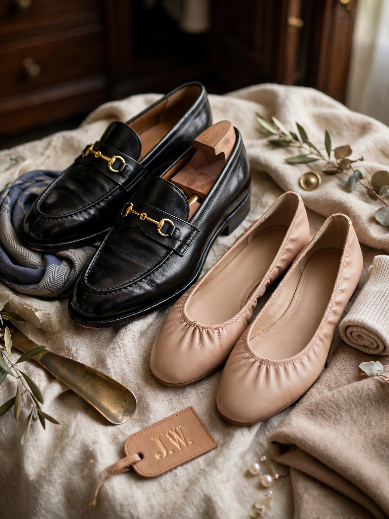 Leather loafers, ballet flats, and low block heels in black, brown, or nude. Comfort and polish in equal measure.
