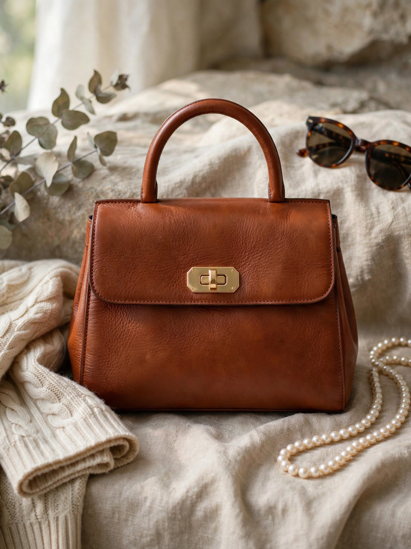 A structured leather handbag with no visible logos. Think classic shapes that hold their form for years.