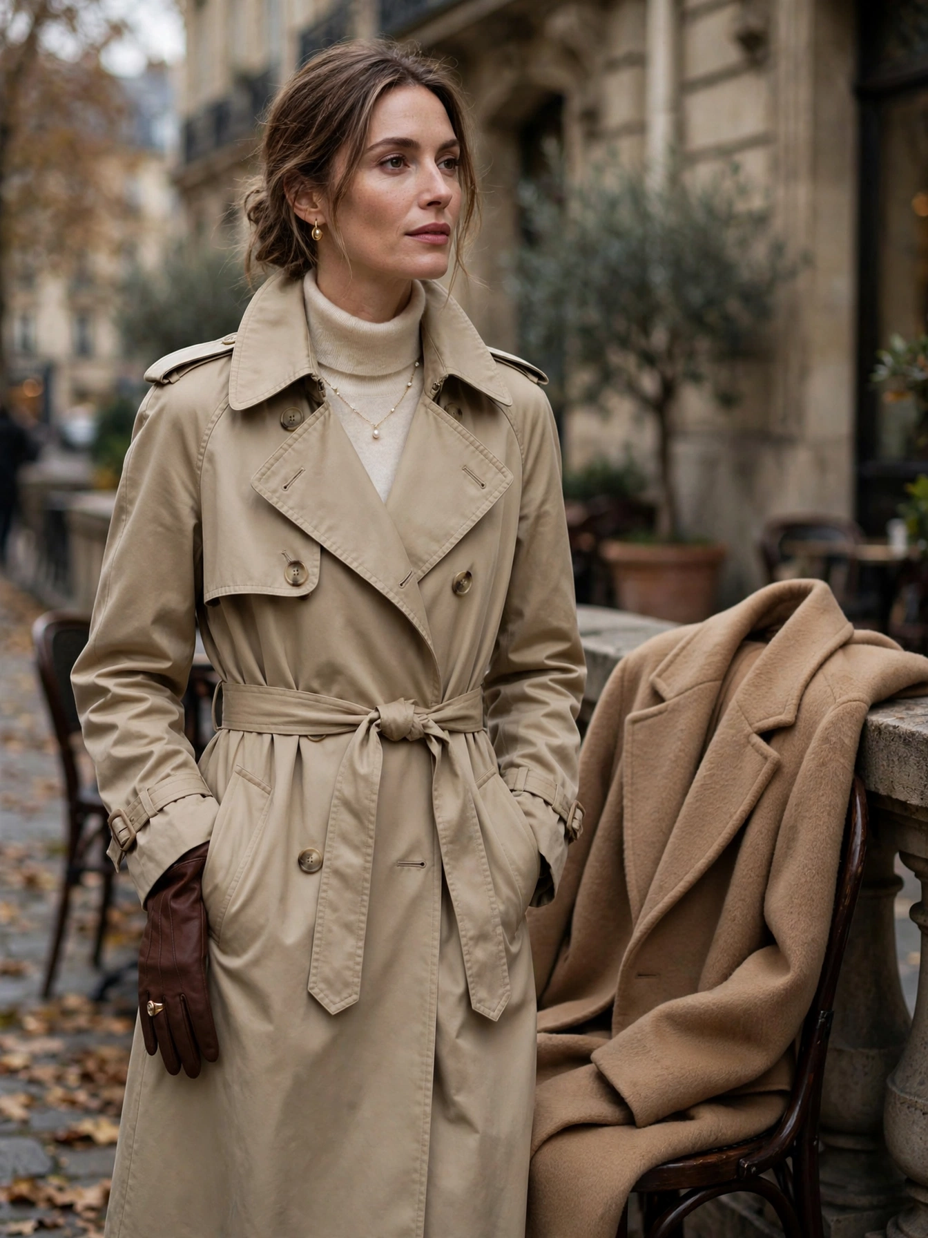 A classic trench coat and a wool overcoat to carry the look through every season.