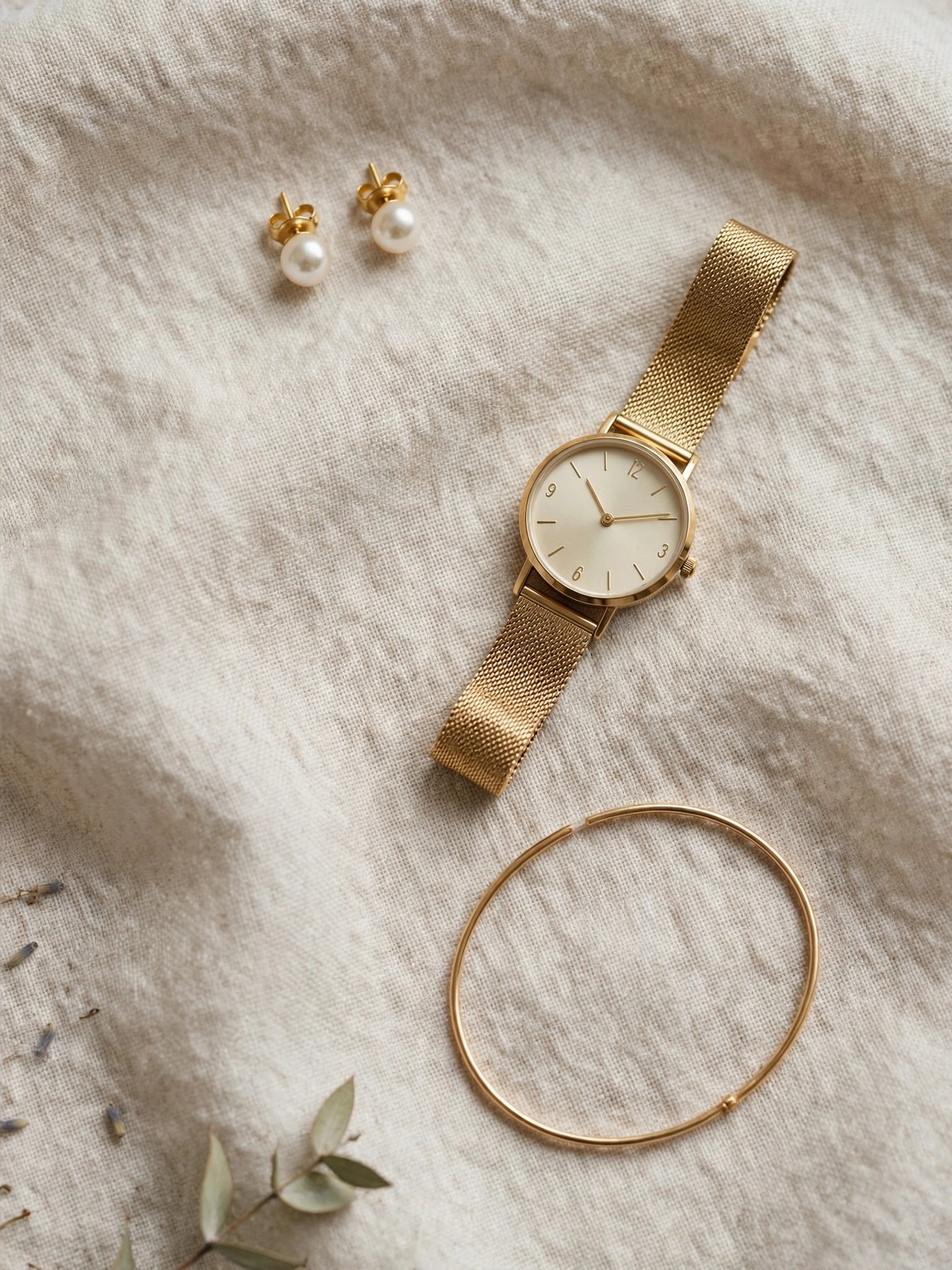 Understated jewelry only. Pearl studs, a simple gold watch, a thin bangle, a delicate necklace. One or two pieces at a time.