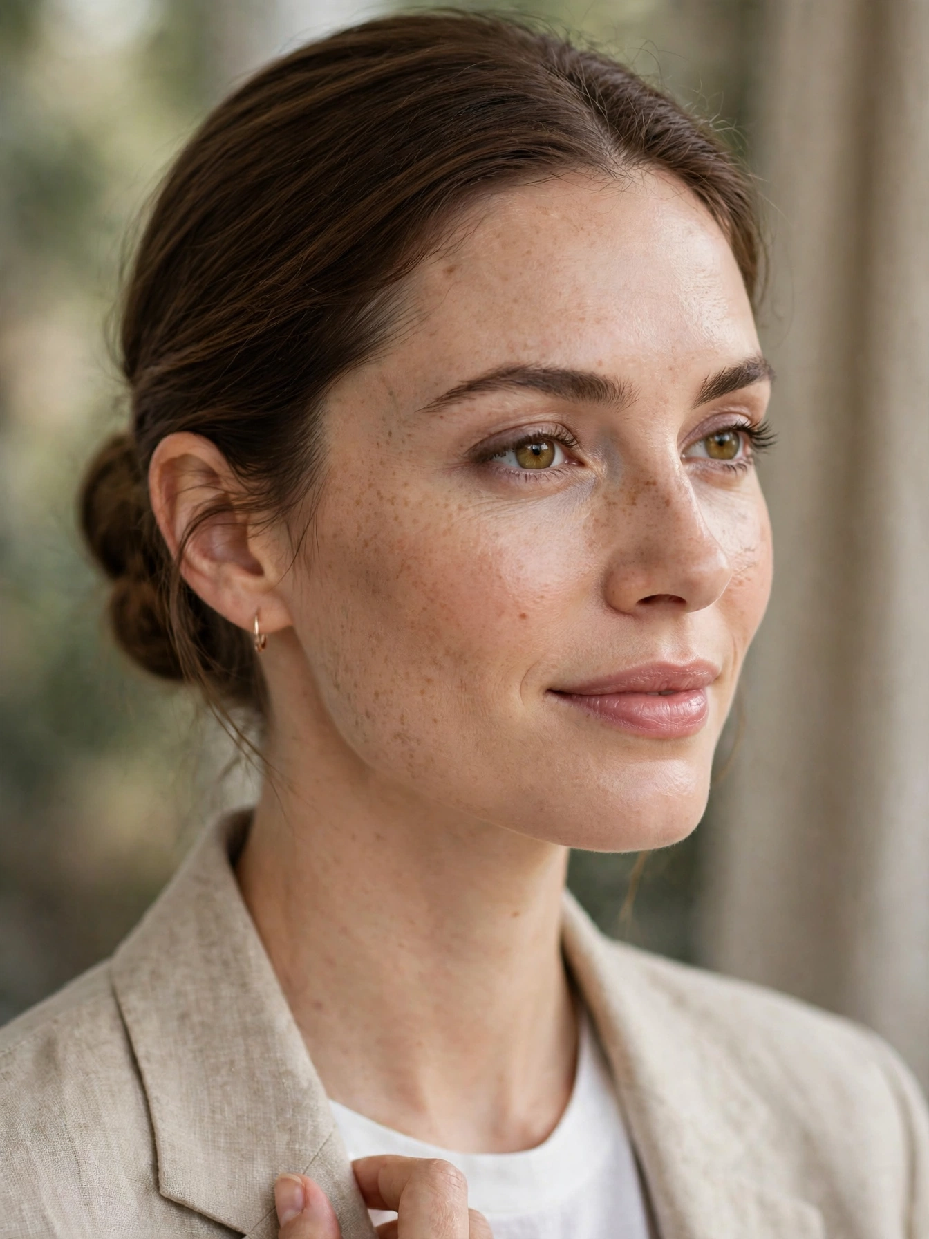 Polished but natural grooming. Neat hair, clean nails, simple makeup. Nothing overdone, nothing obviously "done."