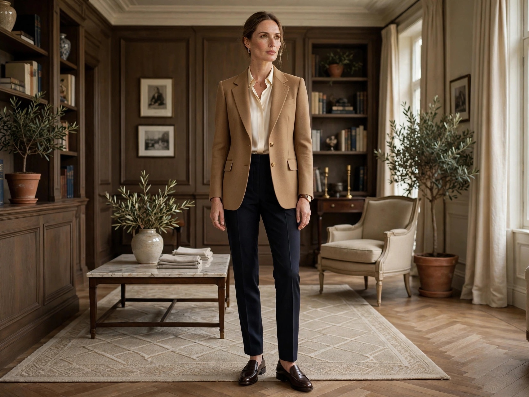 Woman in timeless old money fashion outfit with tailored camel blazer and loafers, quiet luxury style for women