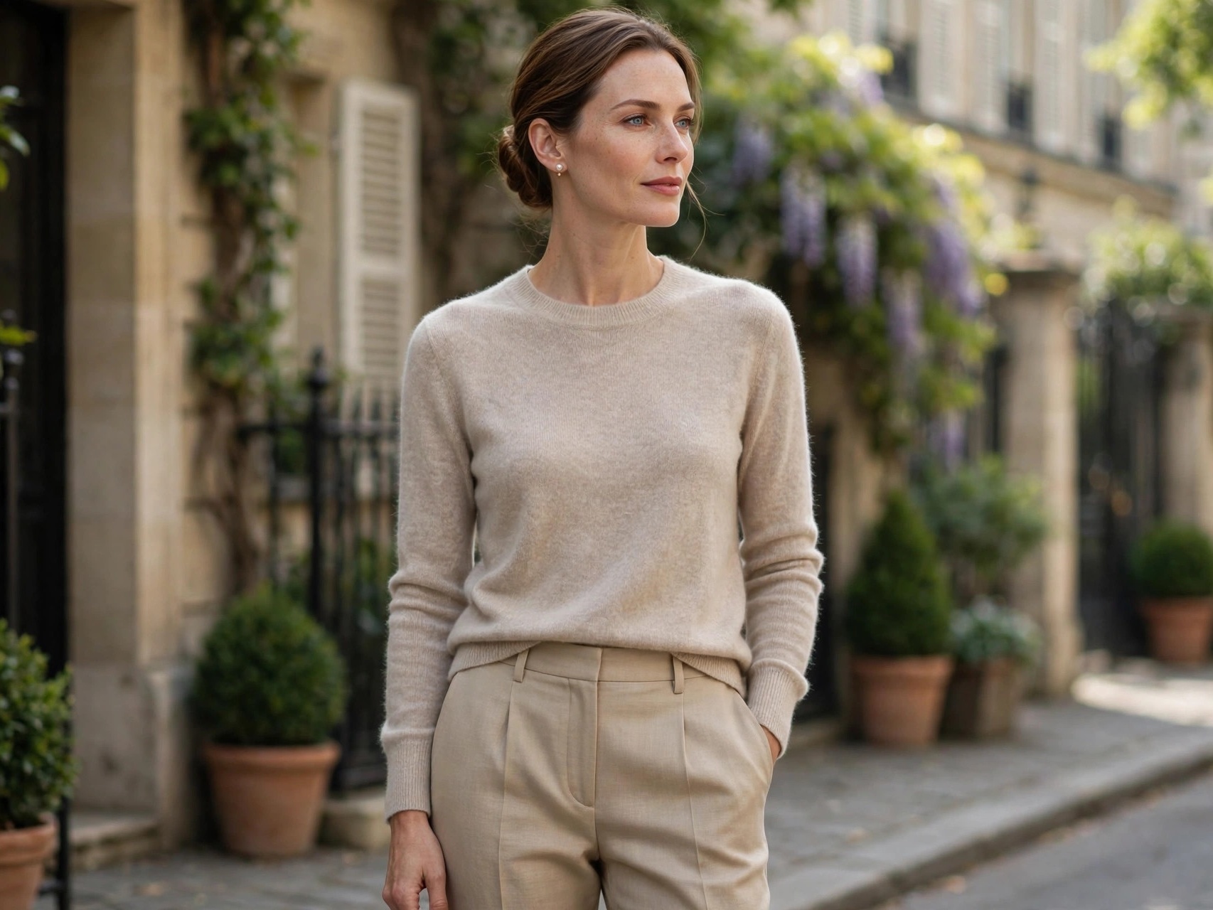 Elegant woman in neutral cashmere sweater and tailored trousers embodying old money fashion for women