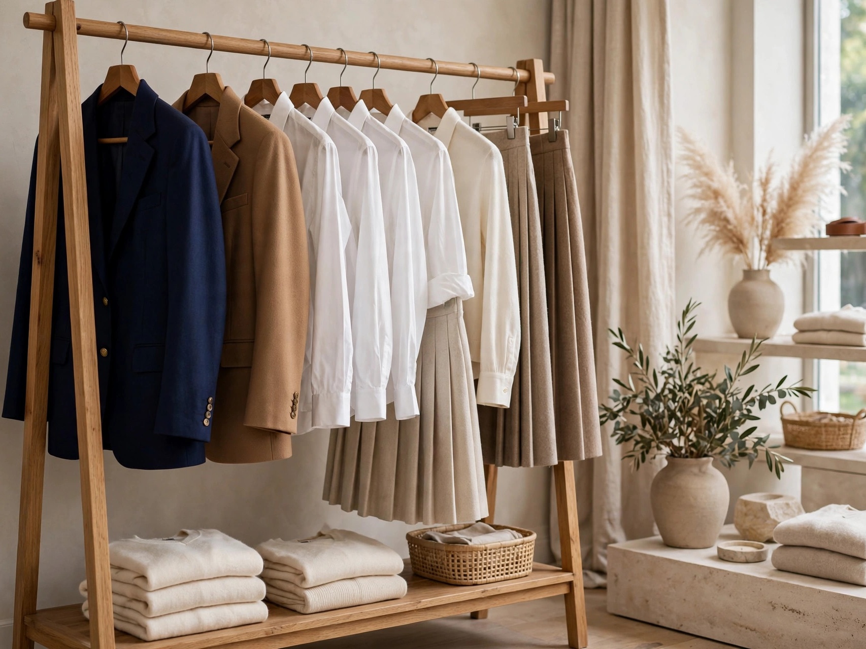 Timeless wardrobe essentials for old money fashion for women: tailored blazers, white shirts and cashmere knits on a clothing rack