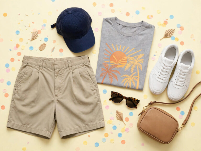 Orlando vacation outfits flat-lay with casual summer clothes, sneakers and theme park essentials