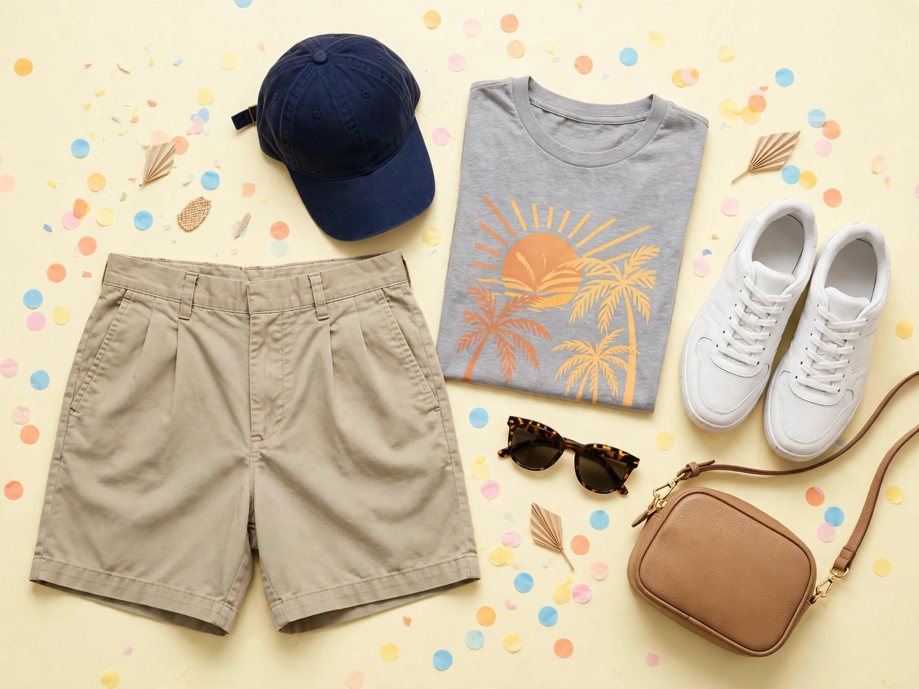 Orlando vacation outfits flat-lay with casual summer clothes, sneakers and theme park essentials