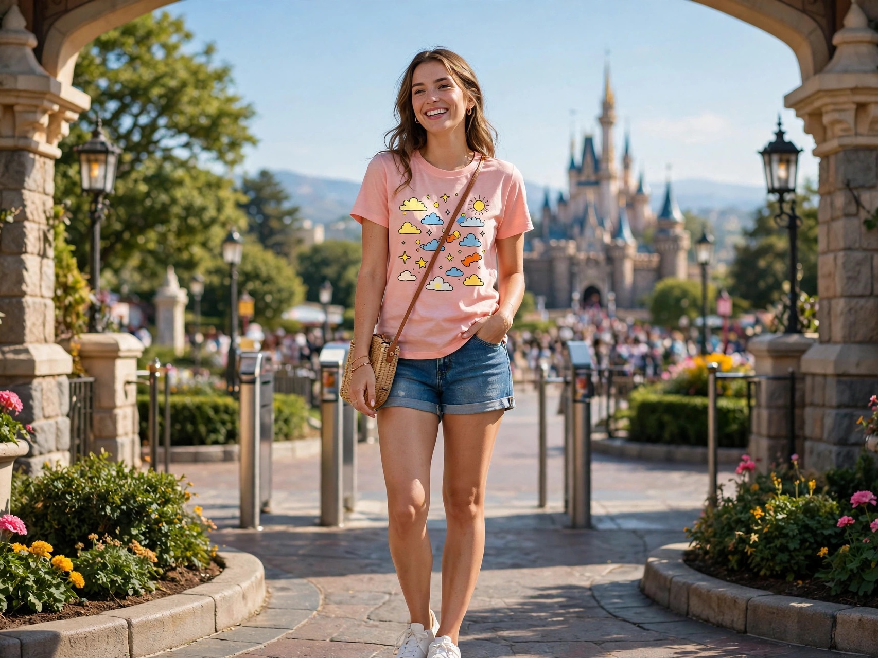 Woman in a comfy casual outfit at an Orlando theme park entrance